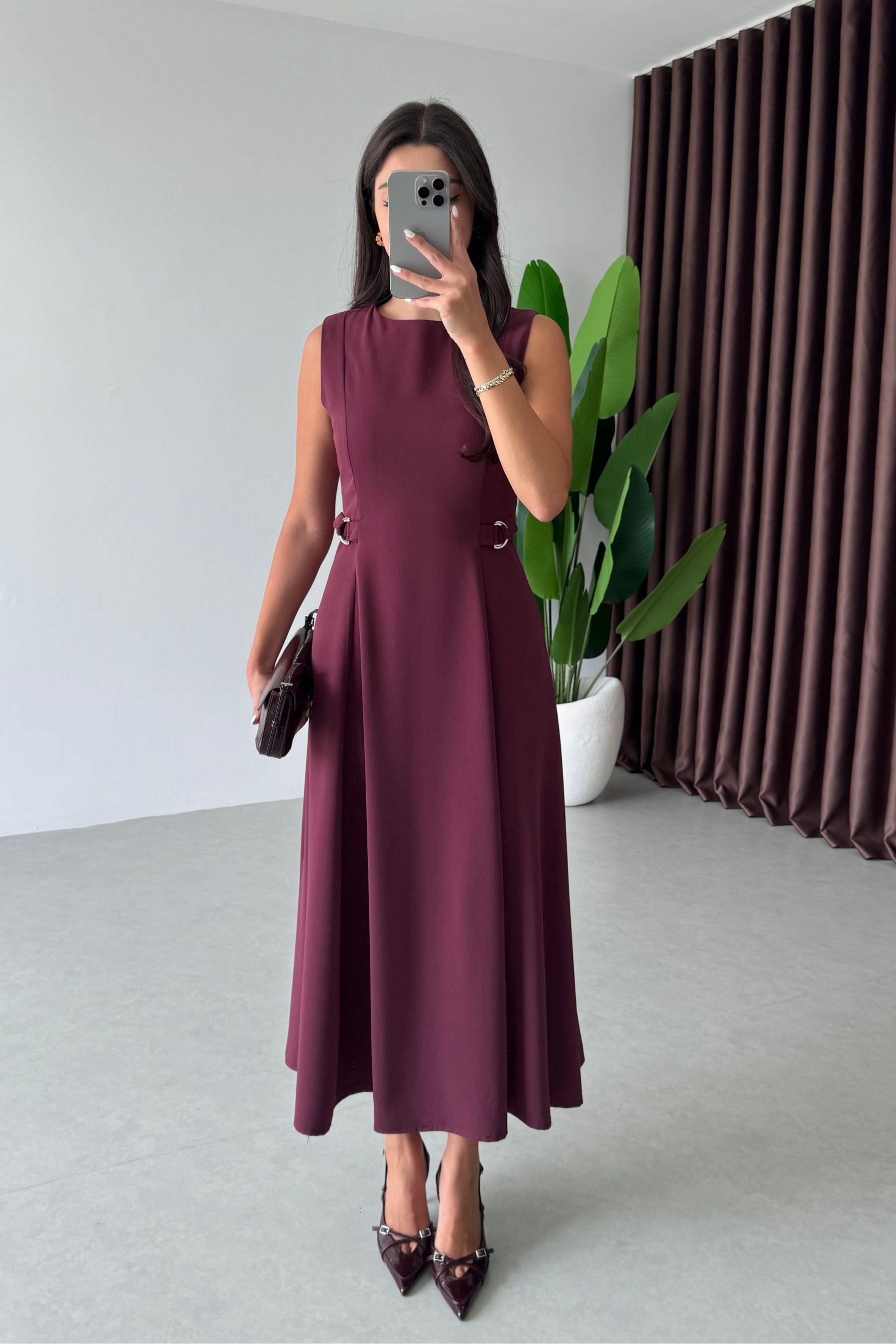 Breeze Bordo Kemer Detay Krep Kumaş Midi Elbise