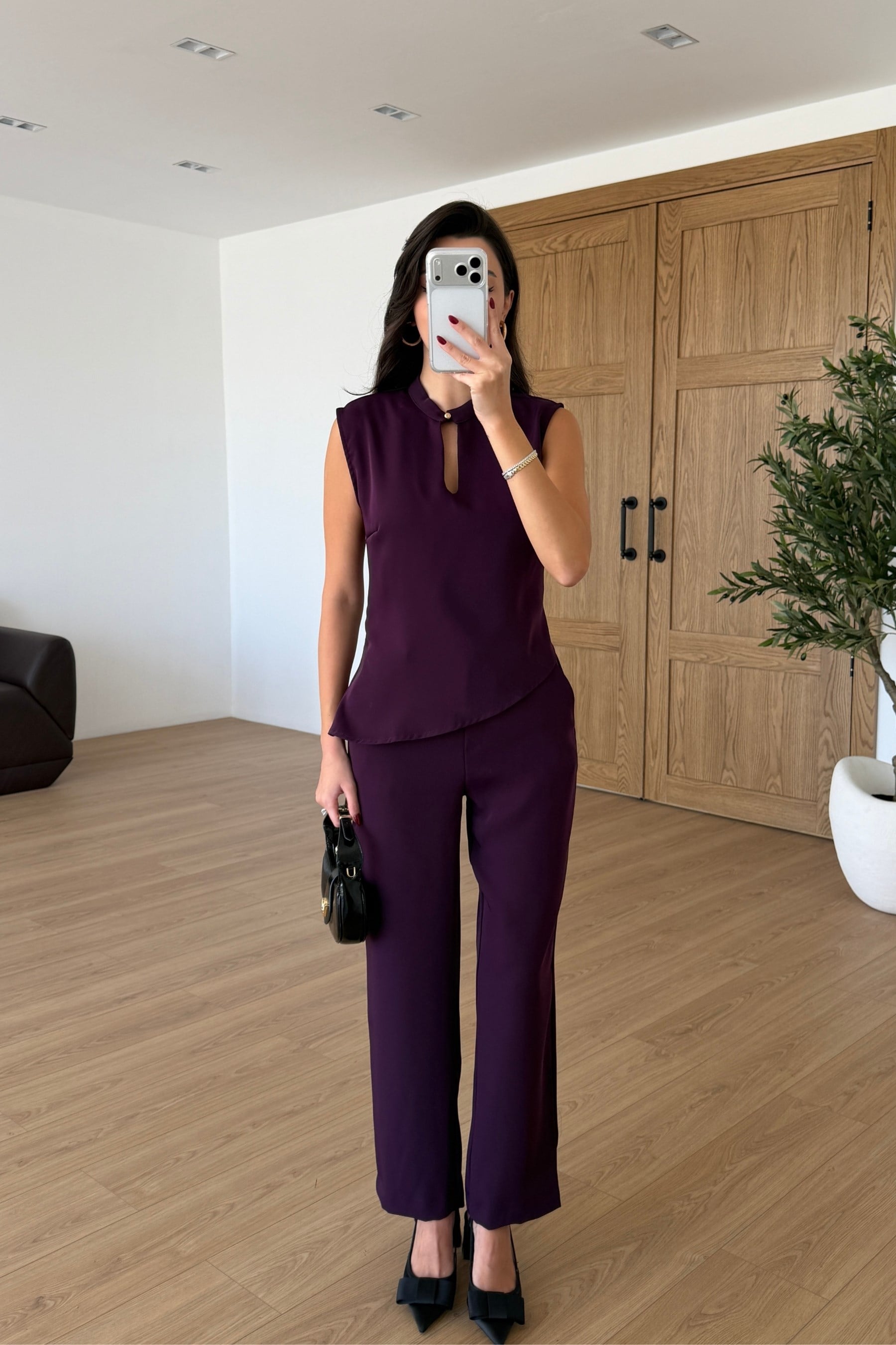 Breeze Mürdüm Krep Kumaş Bluz Pantolon Takım