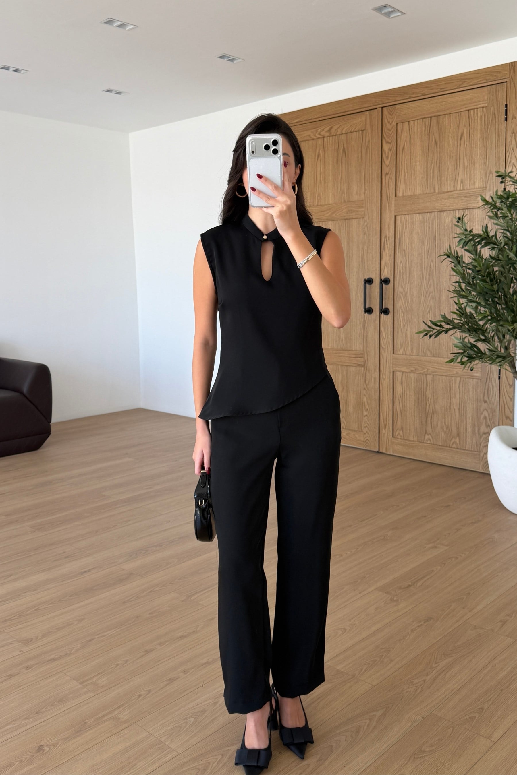 Breeze Siyah Krep Kumaş Bluz Pantolon Takım