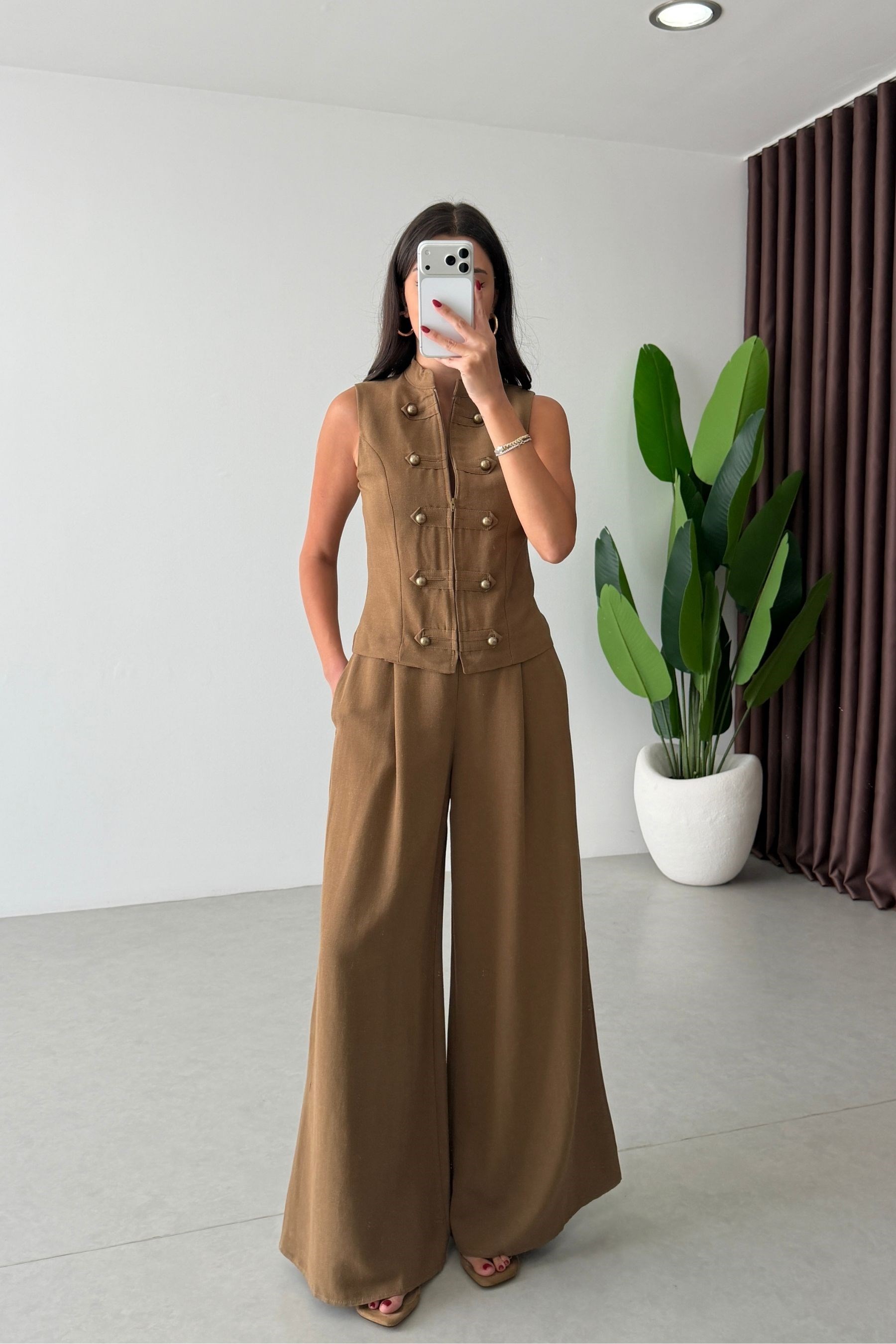 Calin Camel Gold Düğmeli Keten Yelek Pantolon Takım