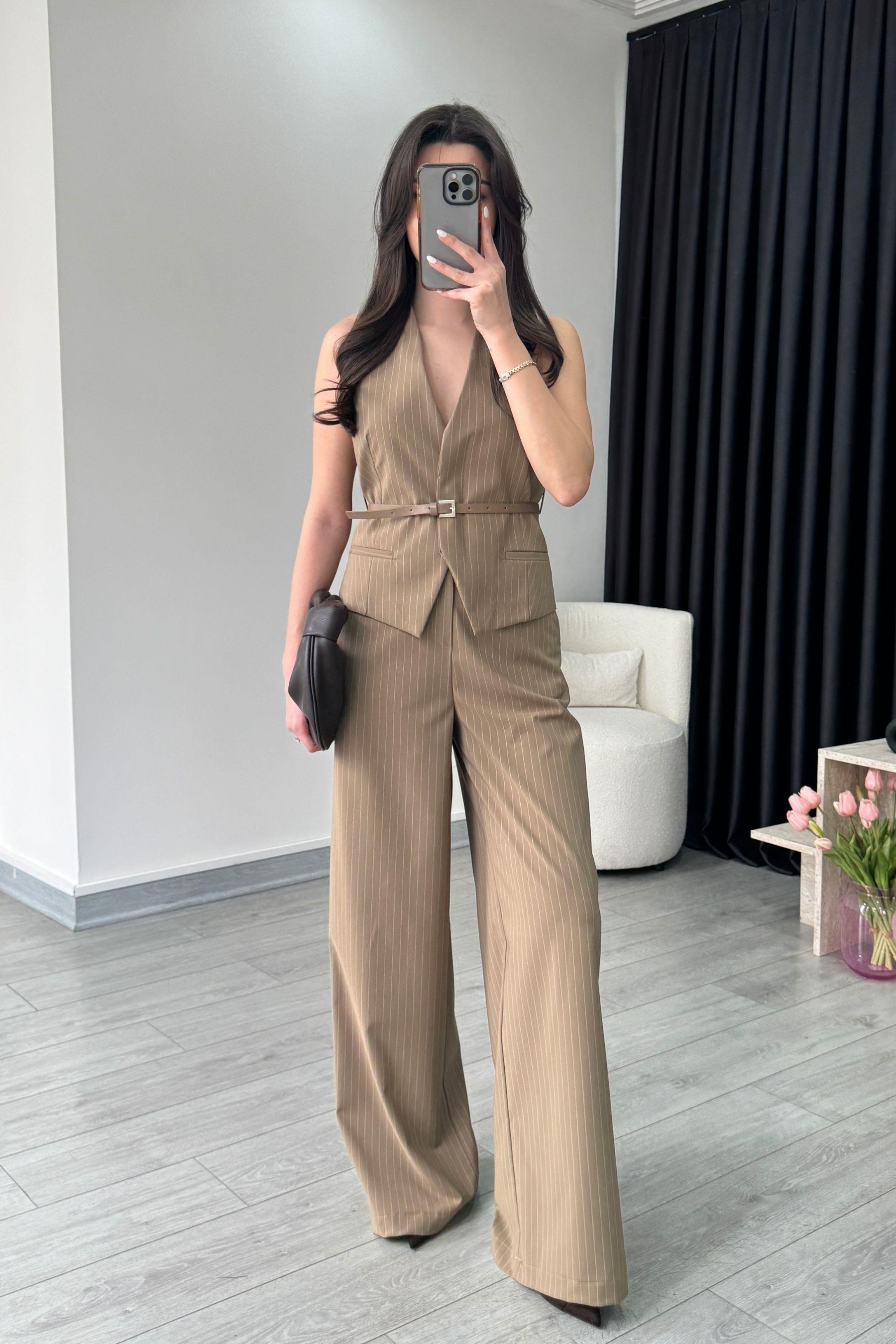 Camel Kemerli Yelek Pantolon Takım