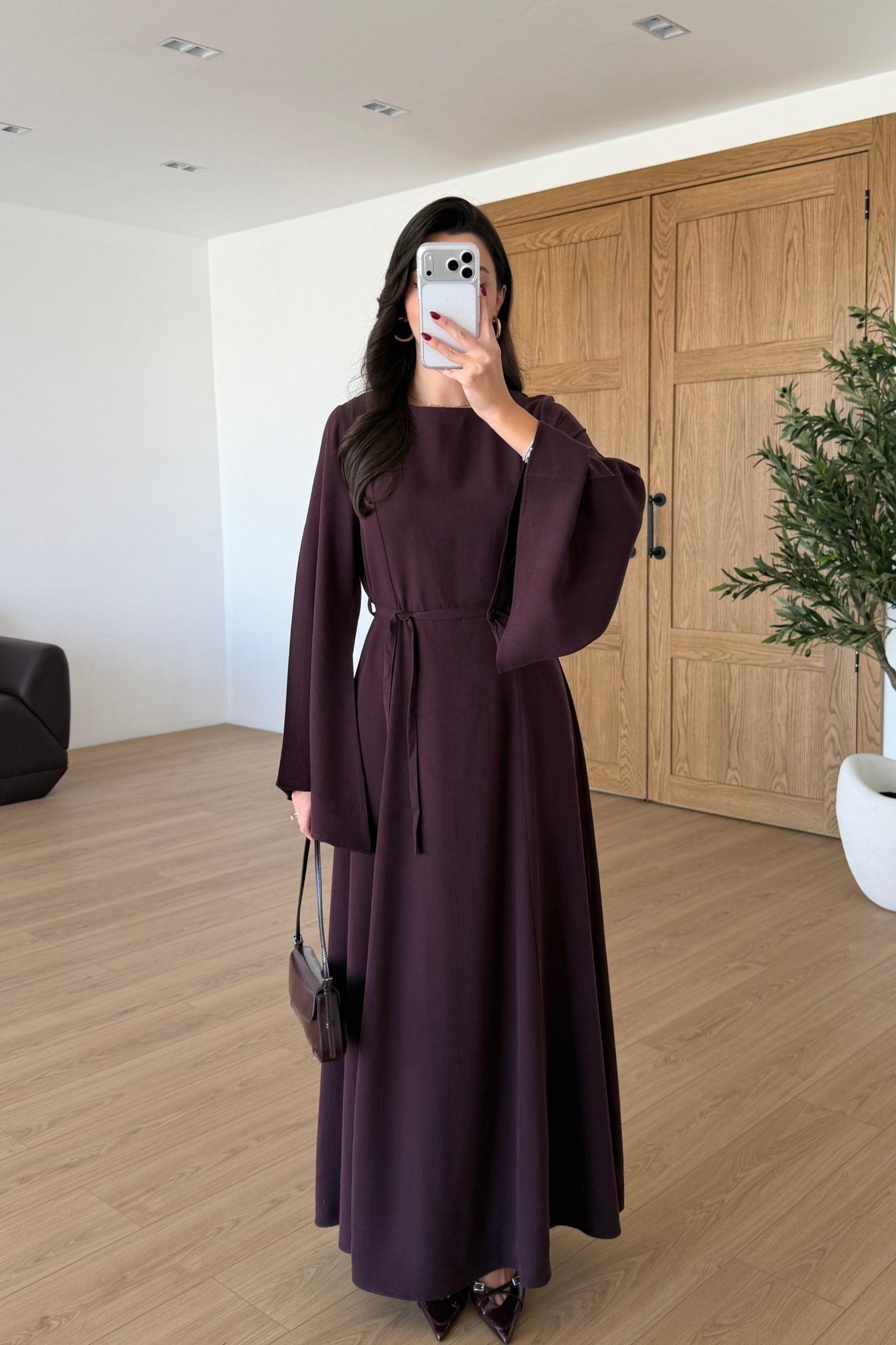Cica Mürdüm Yarasa Kol Kuşaklı Maxi Elbise