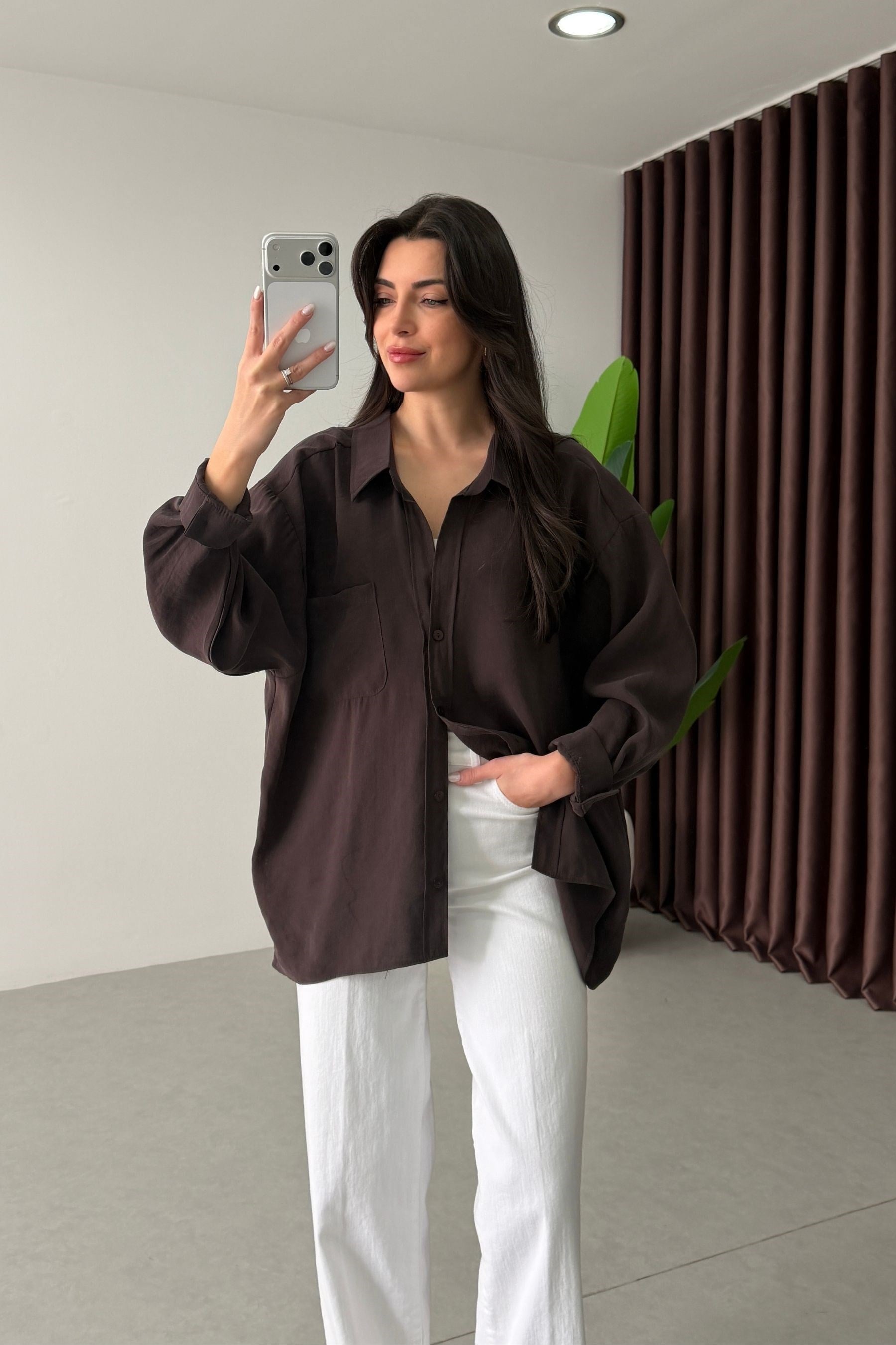 Core Kahve Oversize Modal Gömlek 