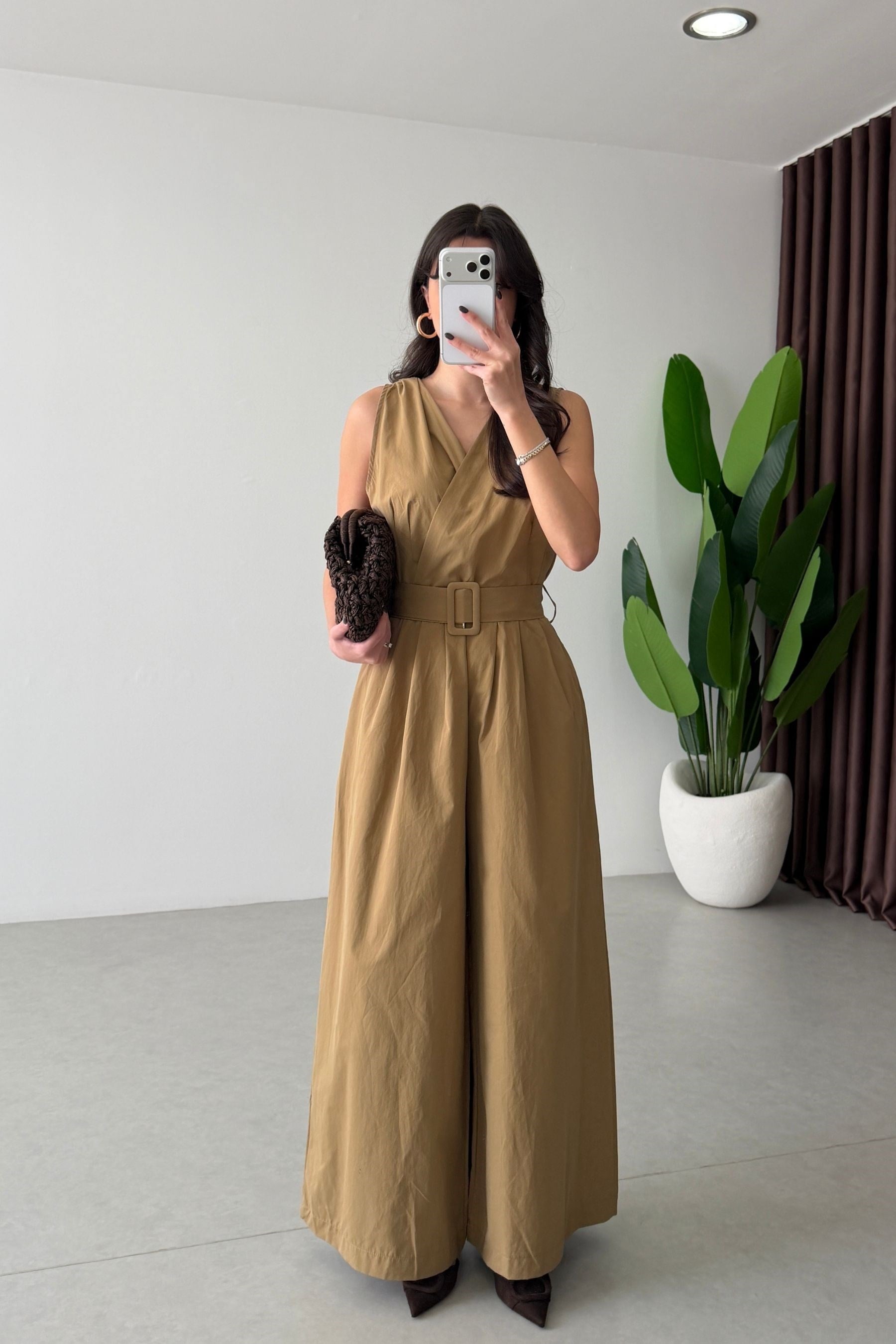 Cray Camel Kruvaze Kemerli Poplin Tulum