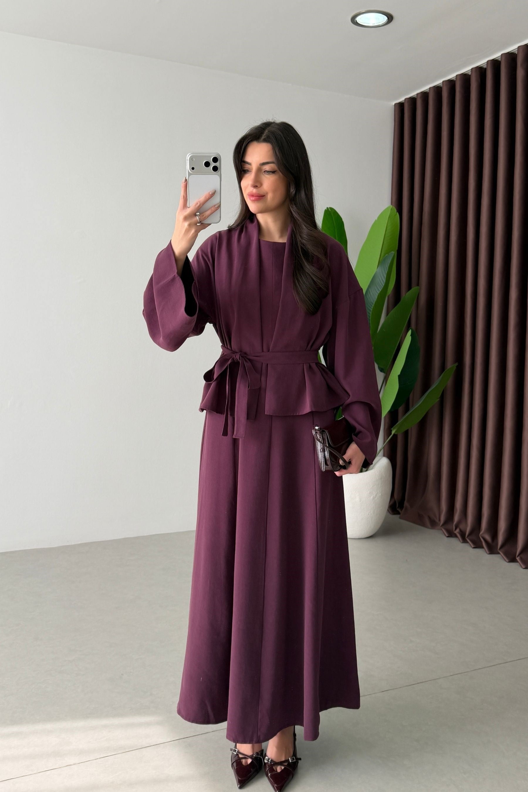 Dalie Mürdüm Kuşaklı Tensel Kimono Elbise Takım