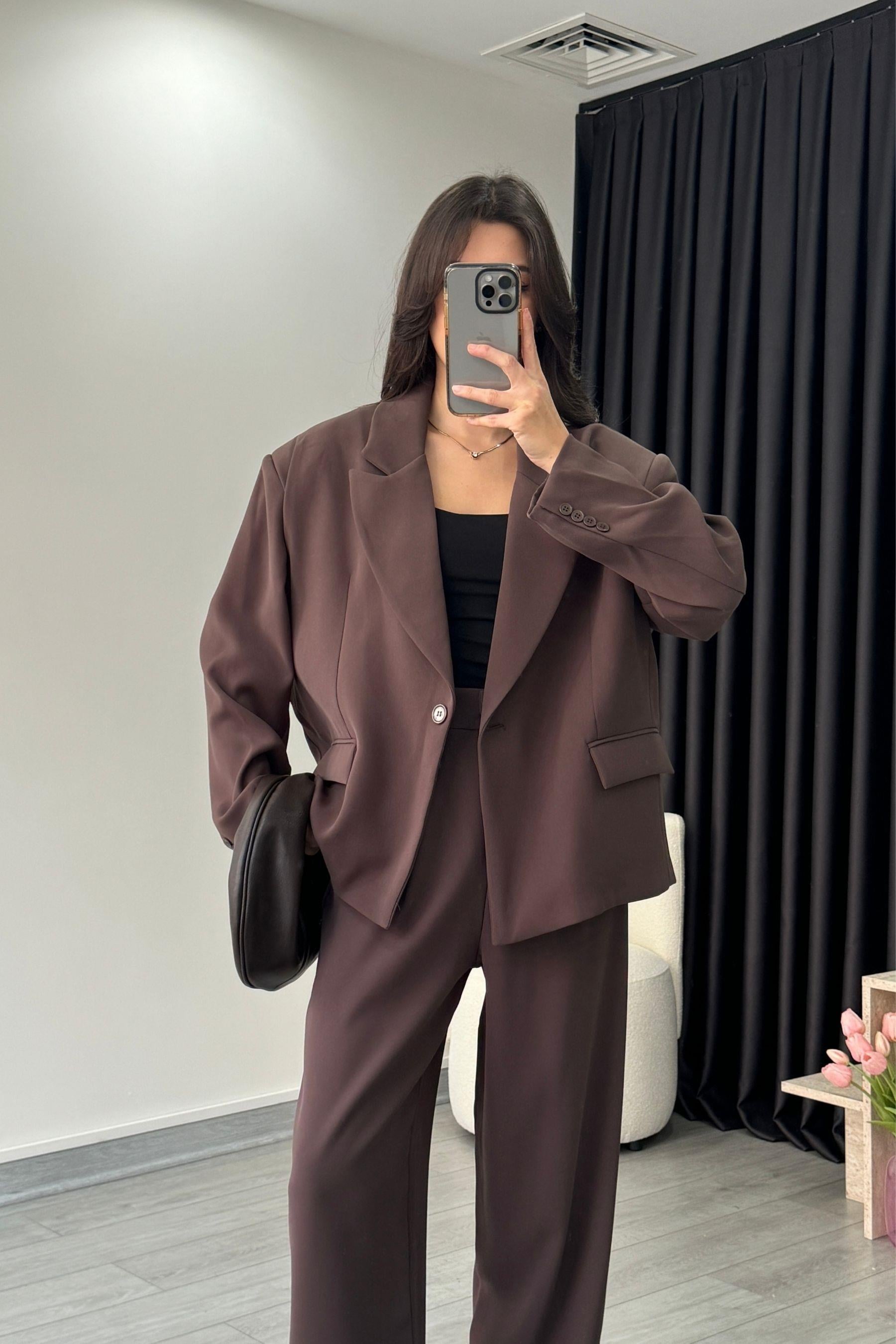 Dina Premium Kahve Krep Kumaş Blazer Ceket