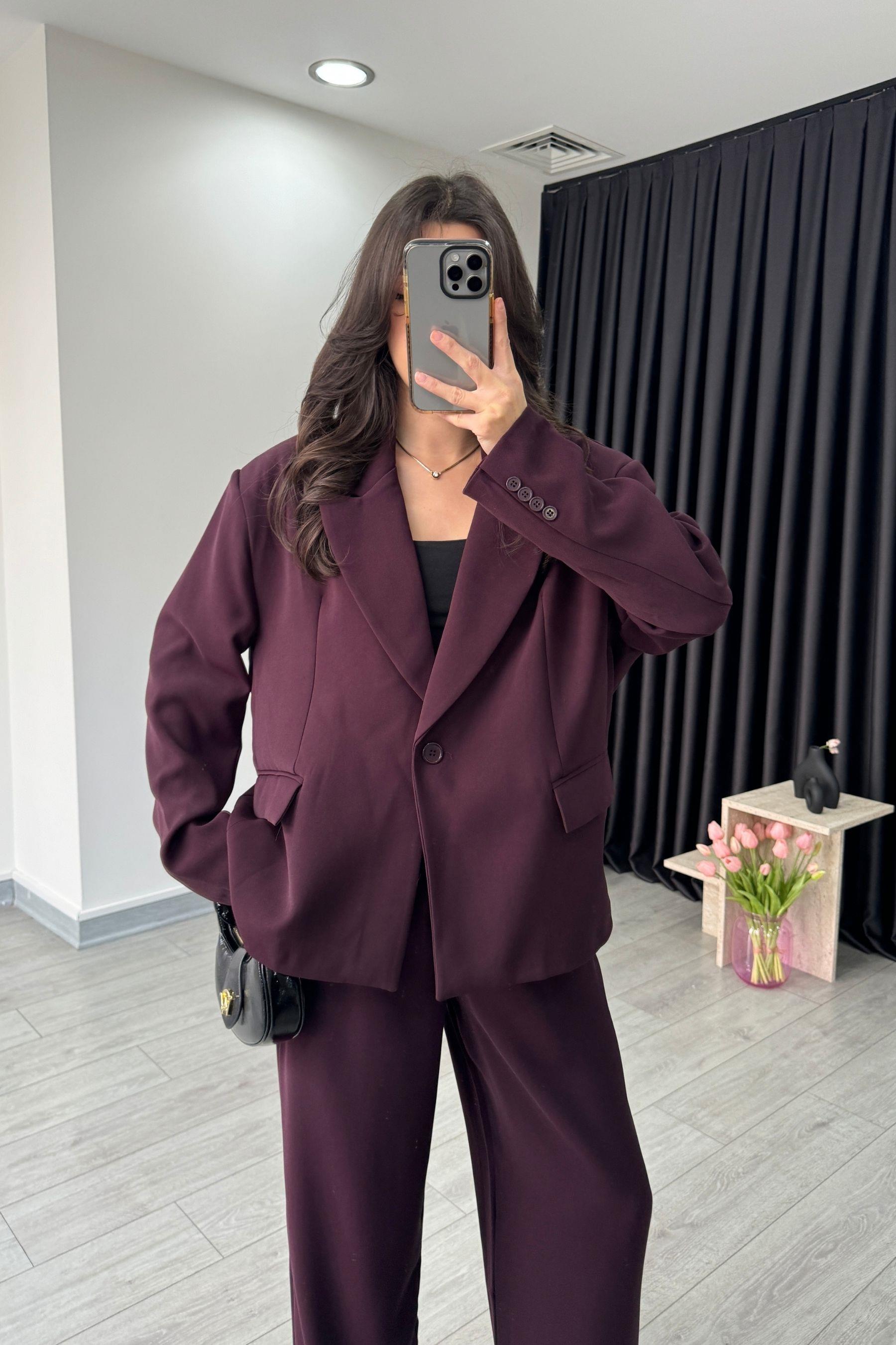 Dina Premium Mürdüm Krep Kumaş Blazer Ceket