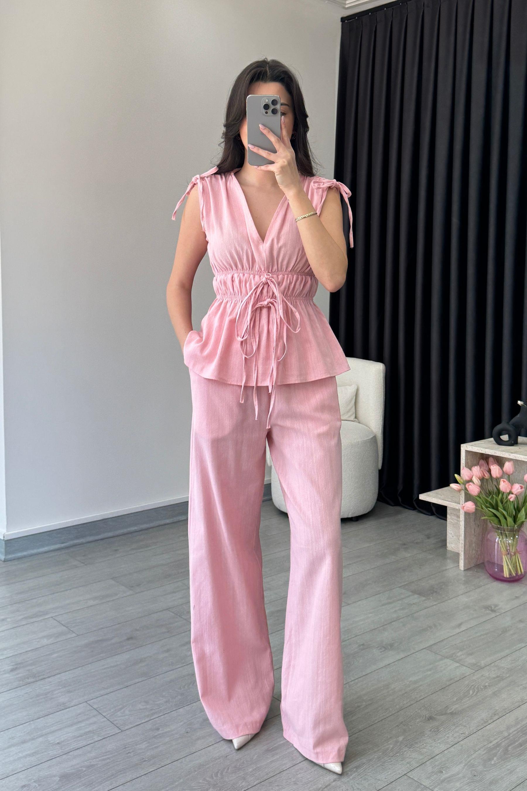 Elina Keten Dokulu Pembe Bluz Pantolon Takım