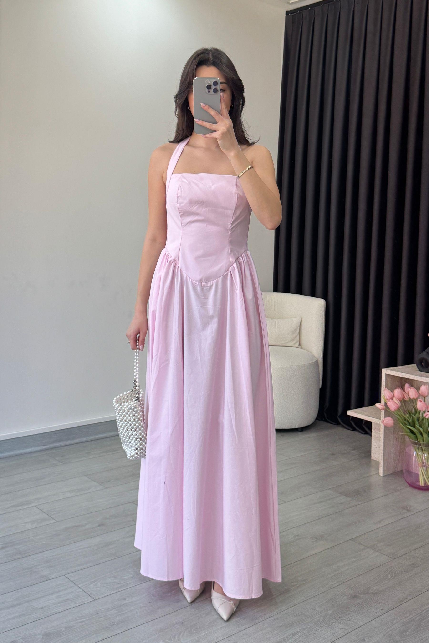 Ester Boyundan Askılı Pembe Maxi Elbise