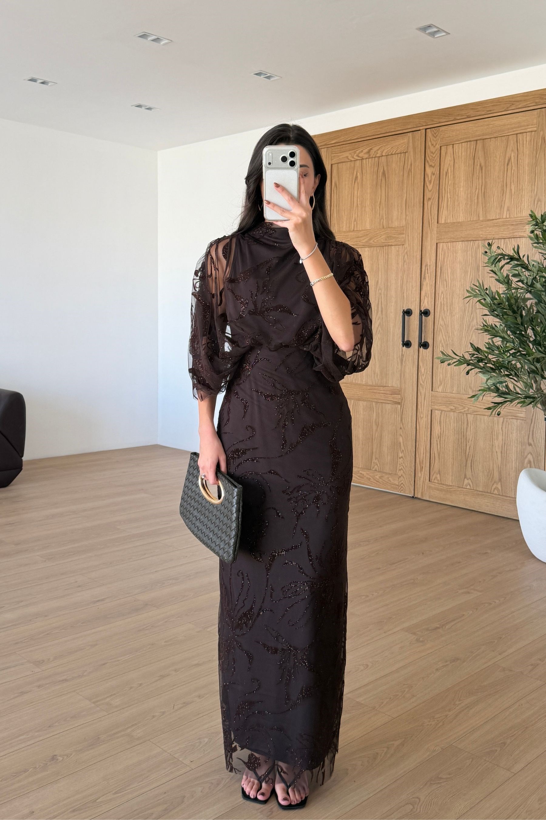 Ester Kahve Büzgülü Parıltılı Tül Elbise