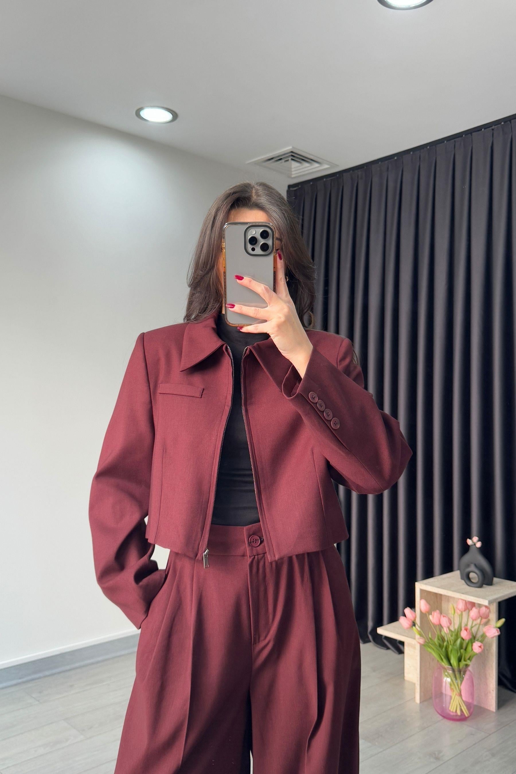 Fermuarlı Bordo Crop Ceket