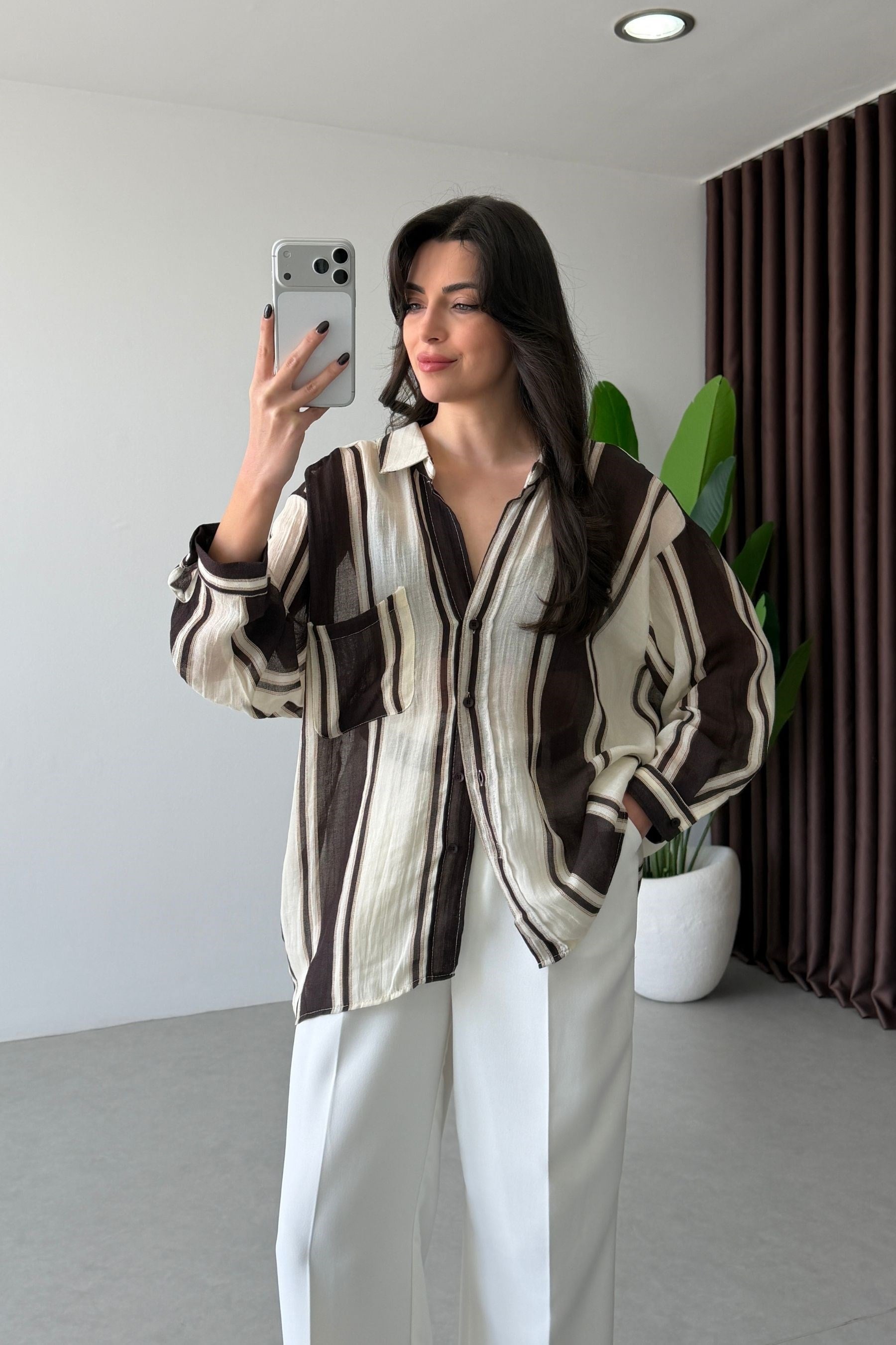 Ferna Kahve Dokulu Oversize Gömlek 