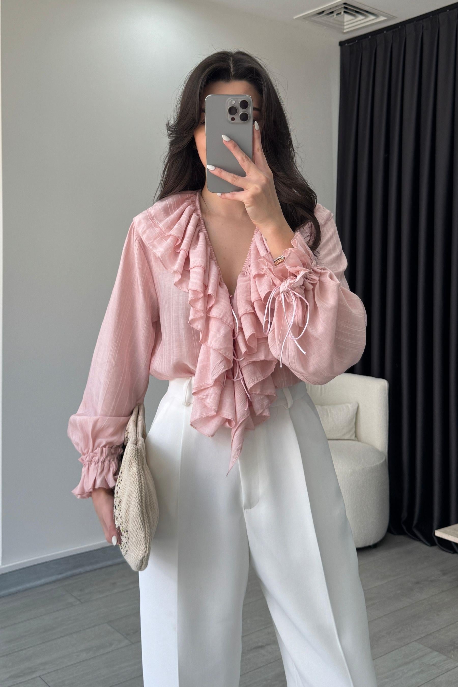 Fırfır Yaka Pembe Şifon Bluz