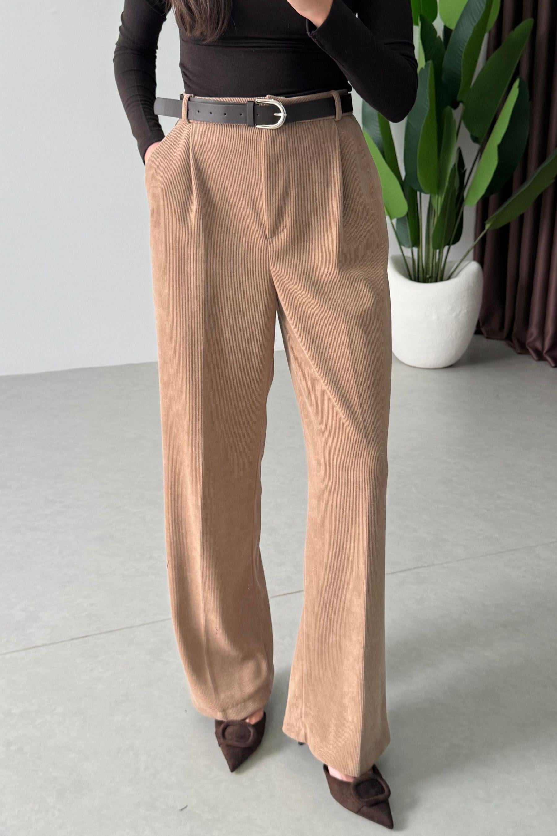 Giza Camel Kemerli Fitilli Kadife Pantolon