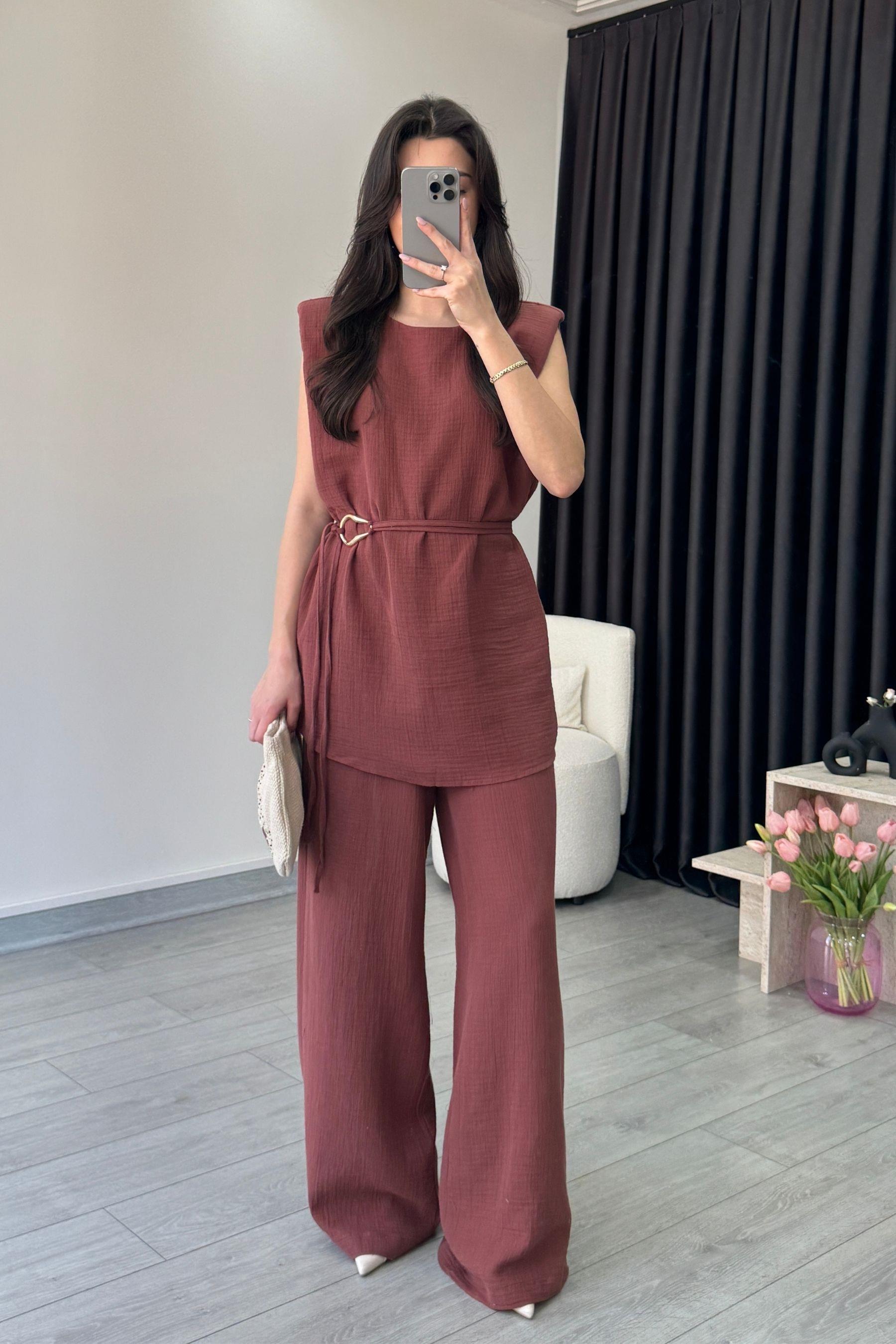 Jade Kiremit Müslin Bluz Pantolon Takım