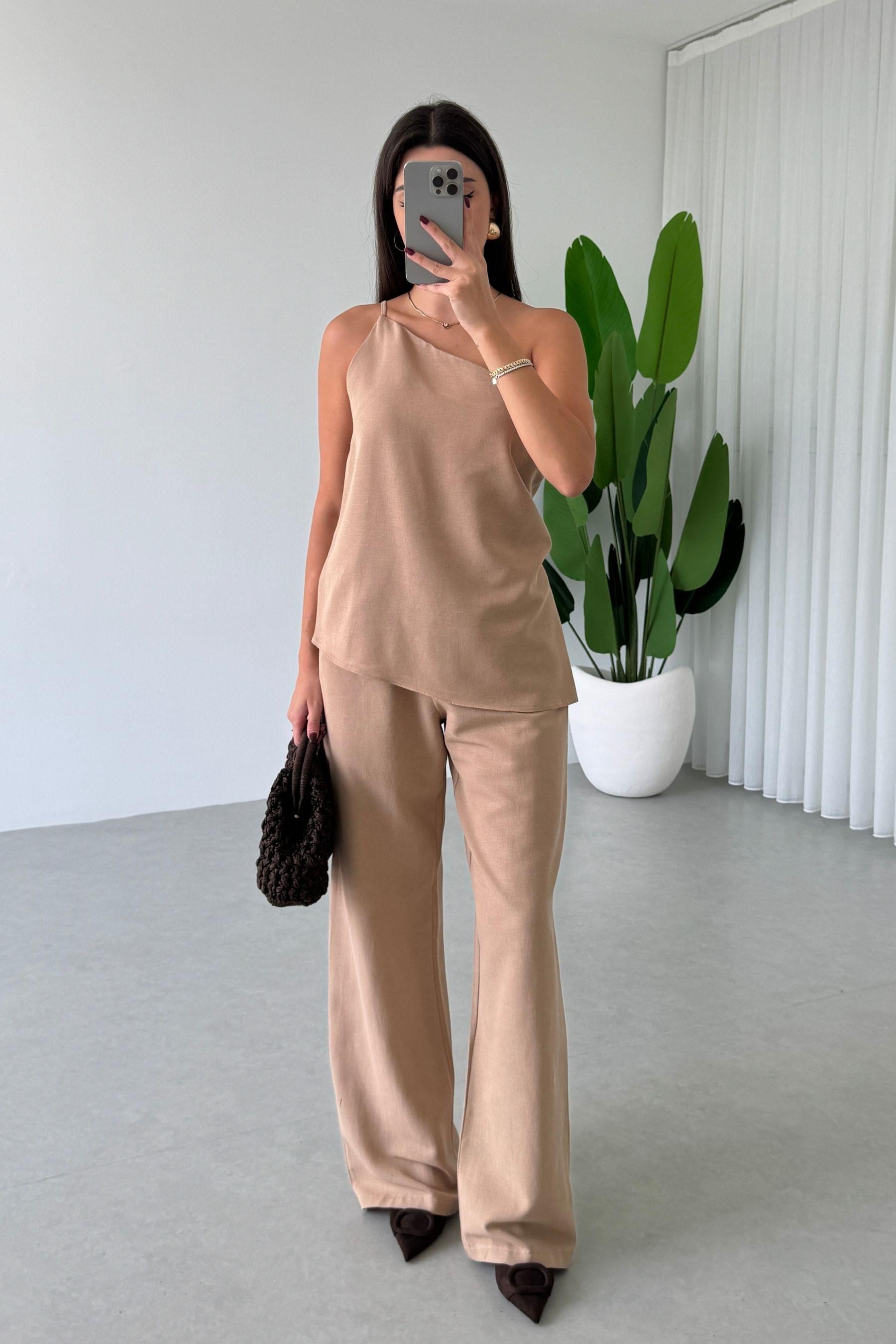 Jasmin Kahve Keten Bluz Pantolon Takım