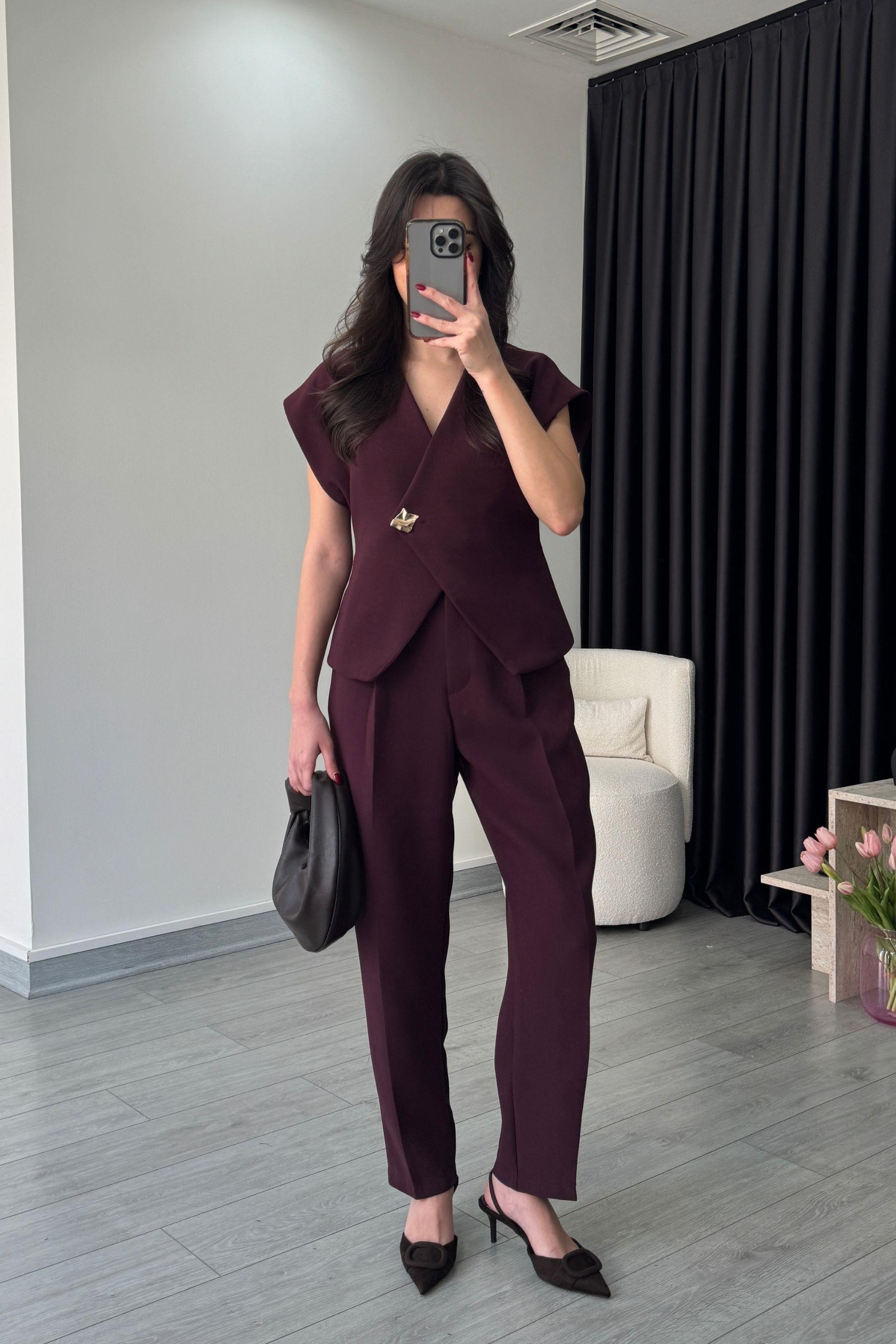 Joy Mürdüm Gold Düğme Detay Yelek Pantolon Takım