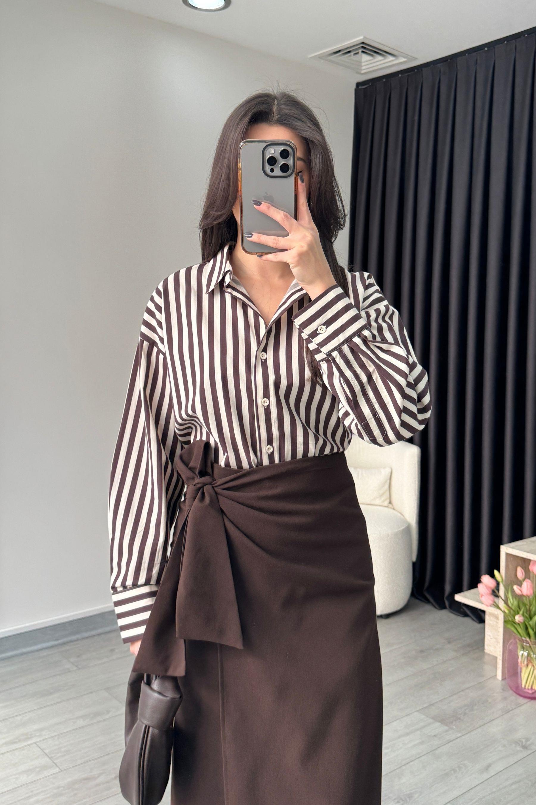 Kahve Çizgili Poplin Gömlek