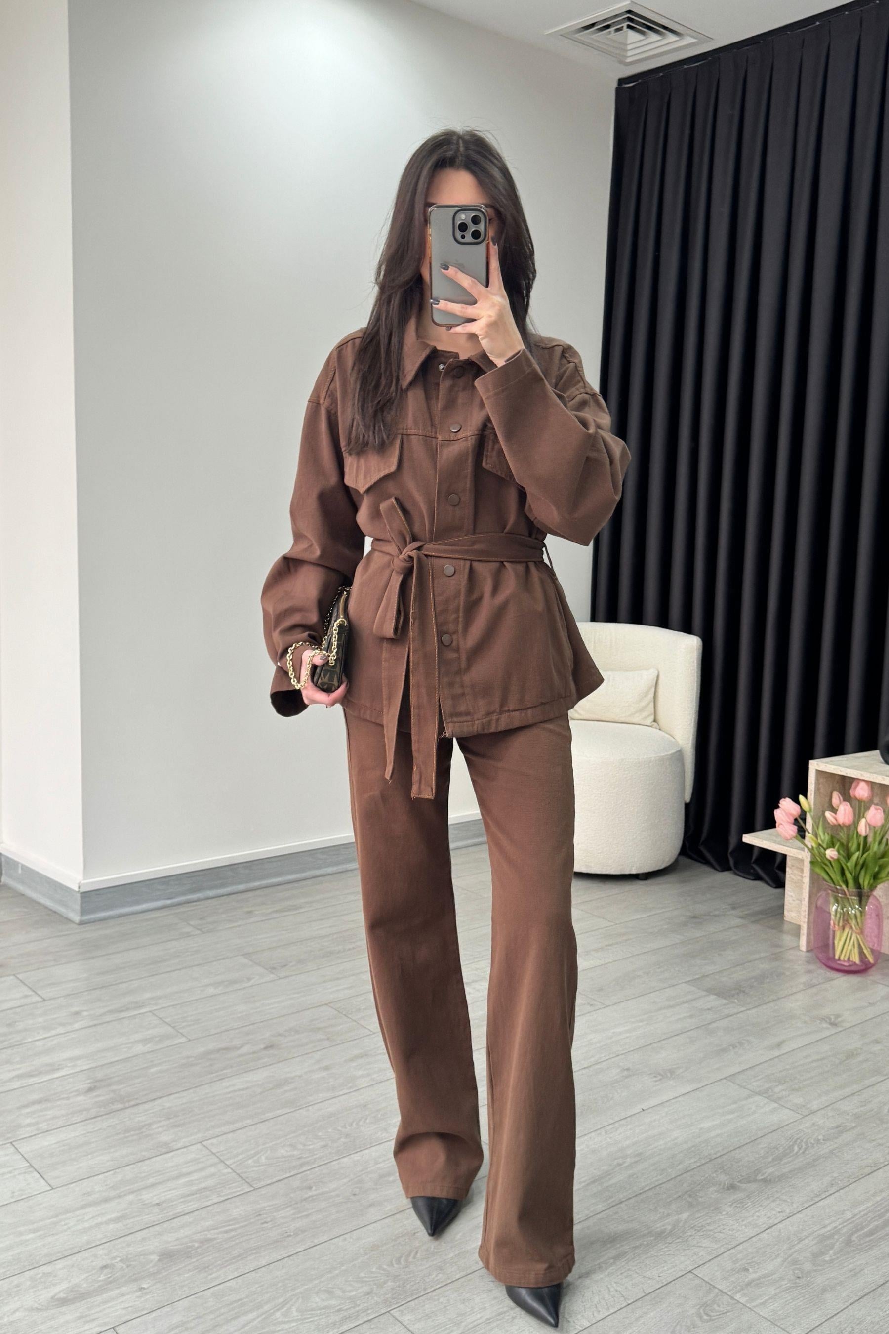 Kahve Denim Gömlek Pantolon Takım