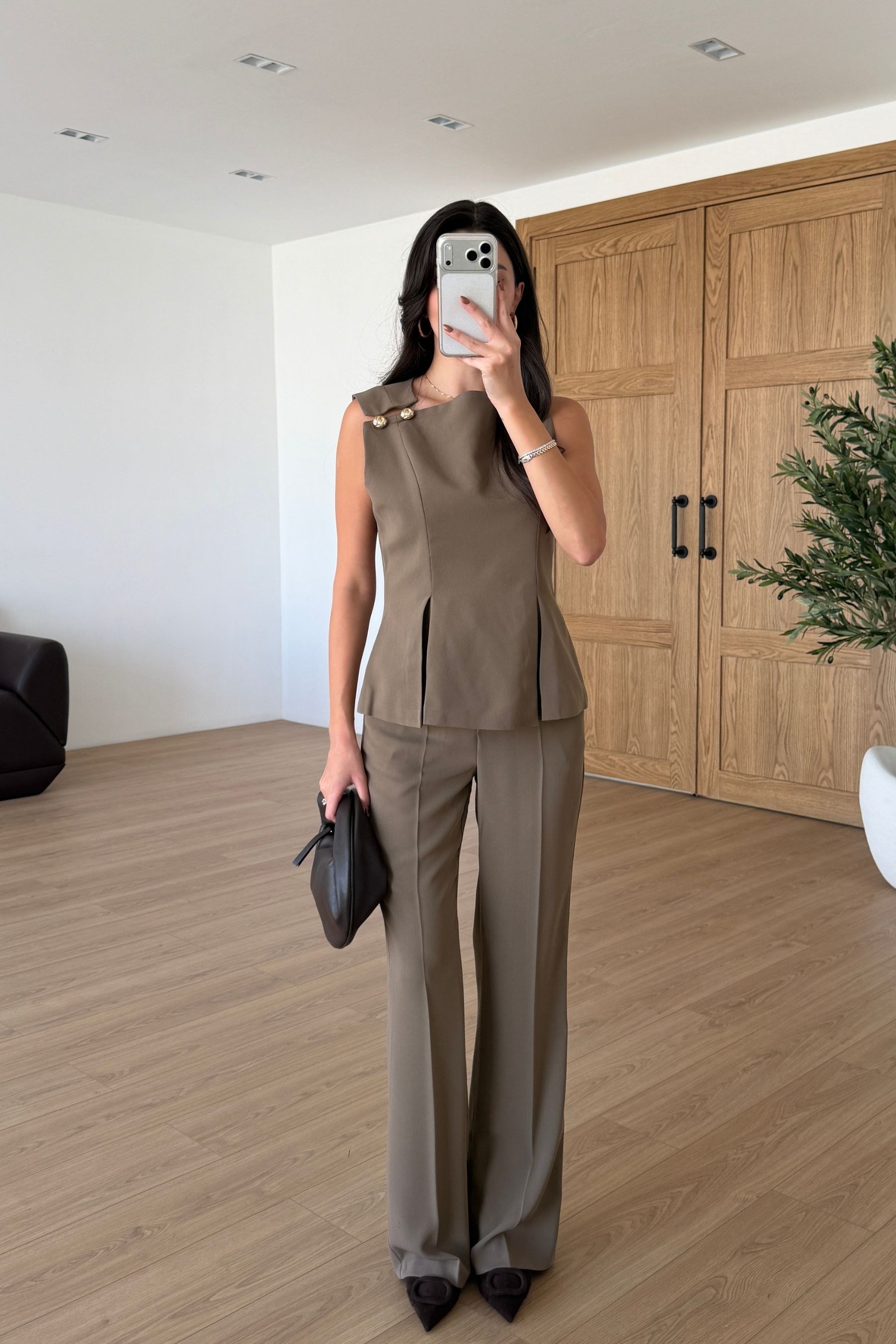 Kelly Haki Gold Düğmeli Bluz Pantolon Takım