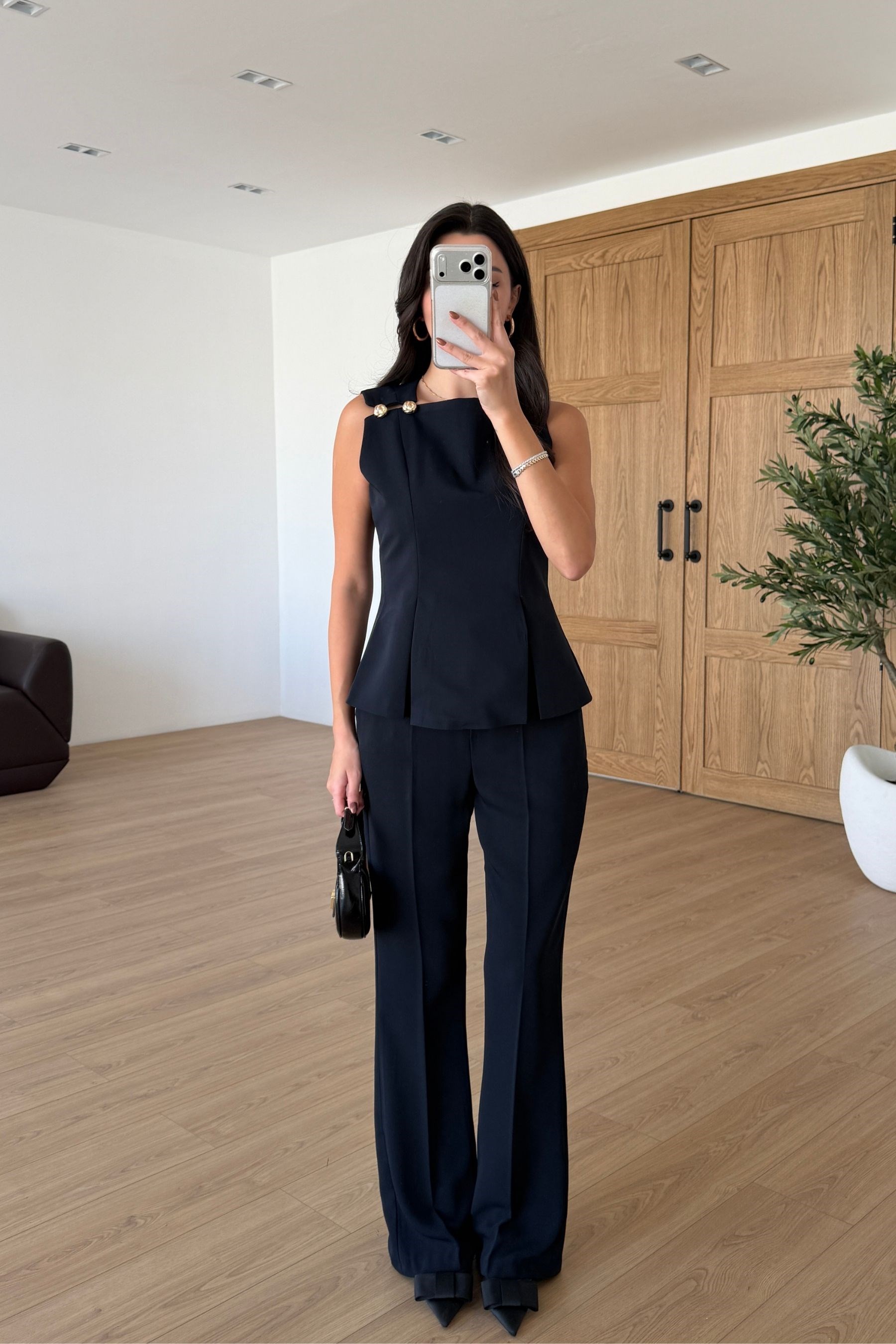 Kelly Lacivert Gold Düğmeli Bluz Pantolon Takım