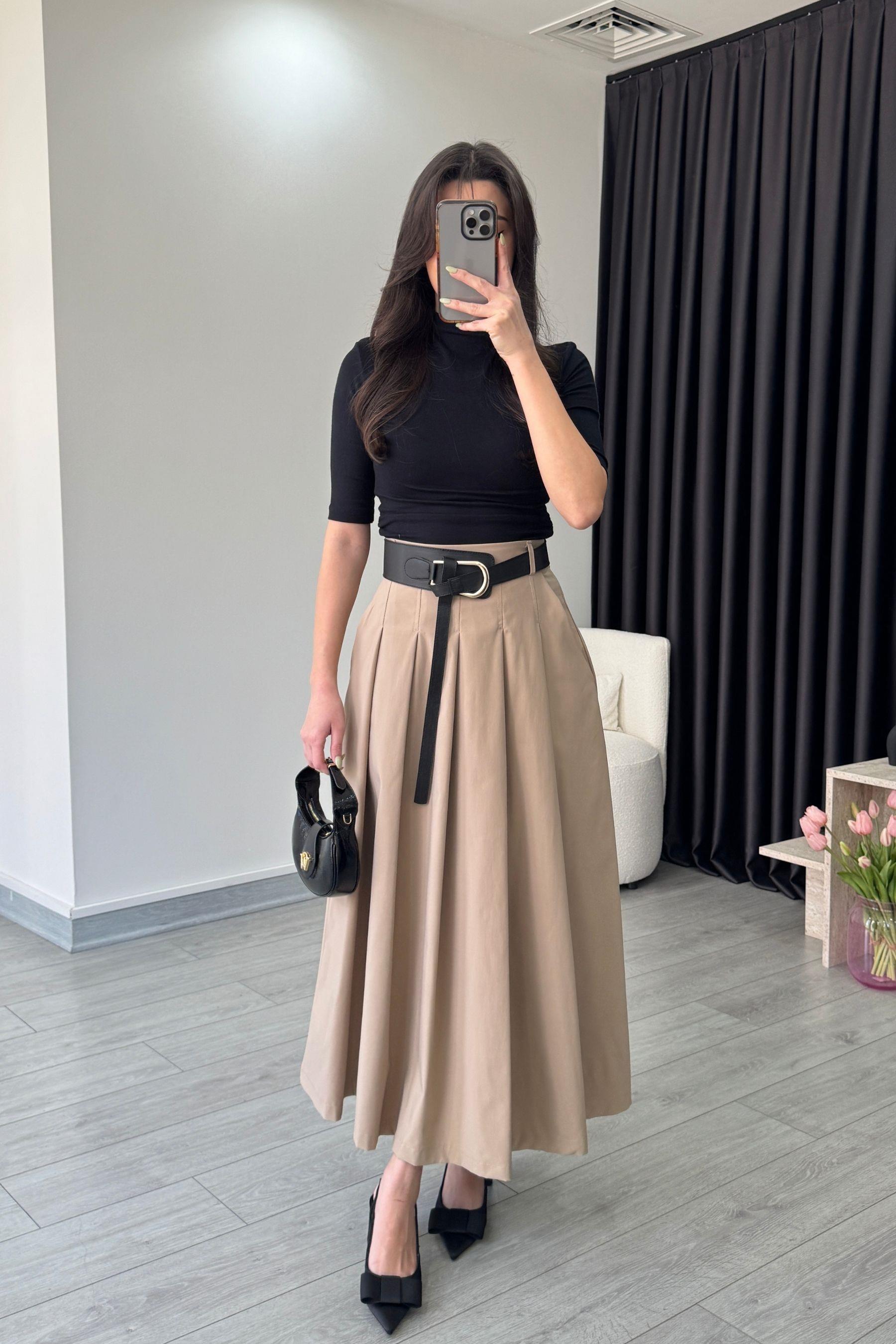 Kemerli Taba Piliseli Midi Etek