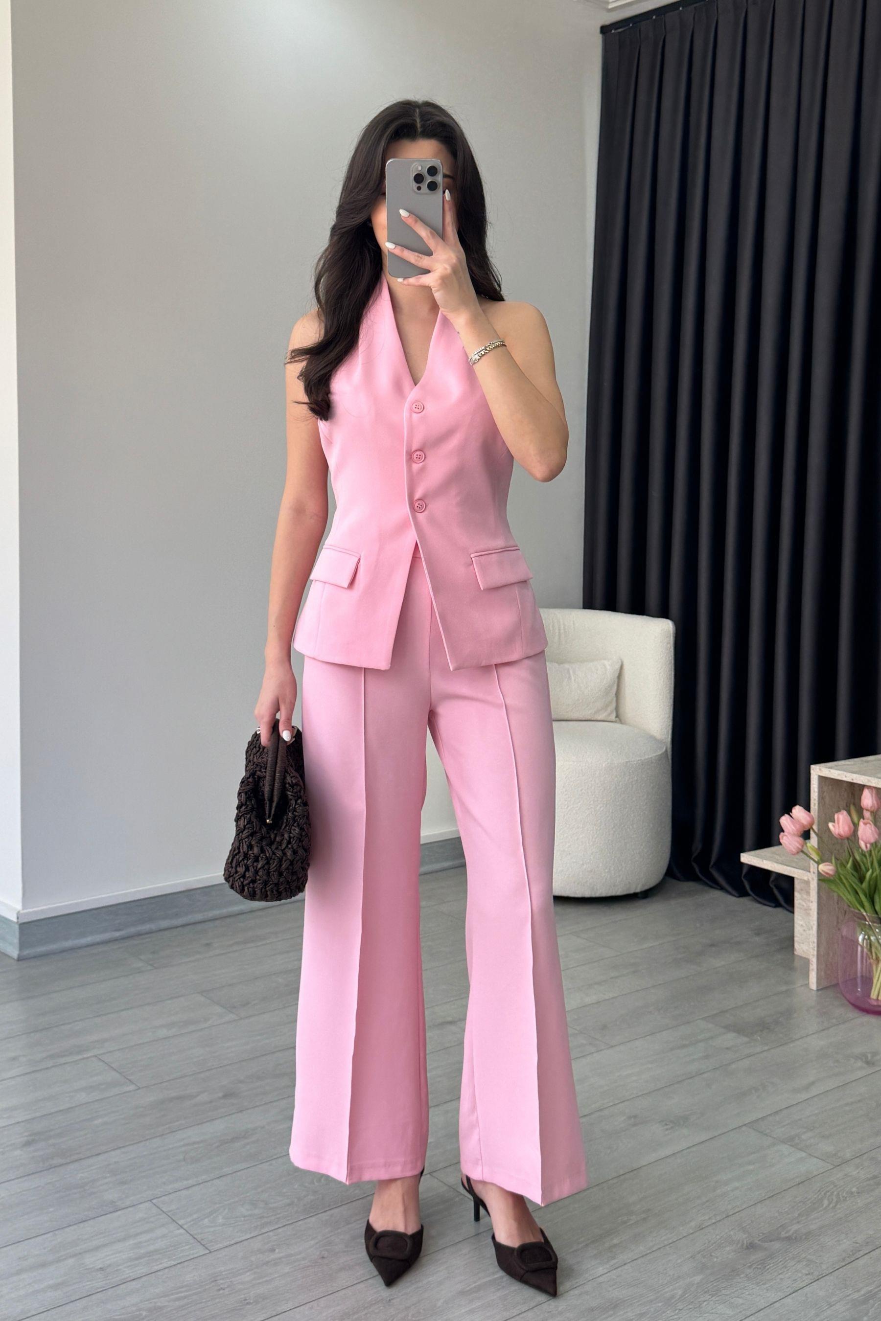 Leila Pembe Yelek Pantolon Takım