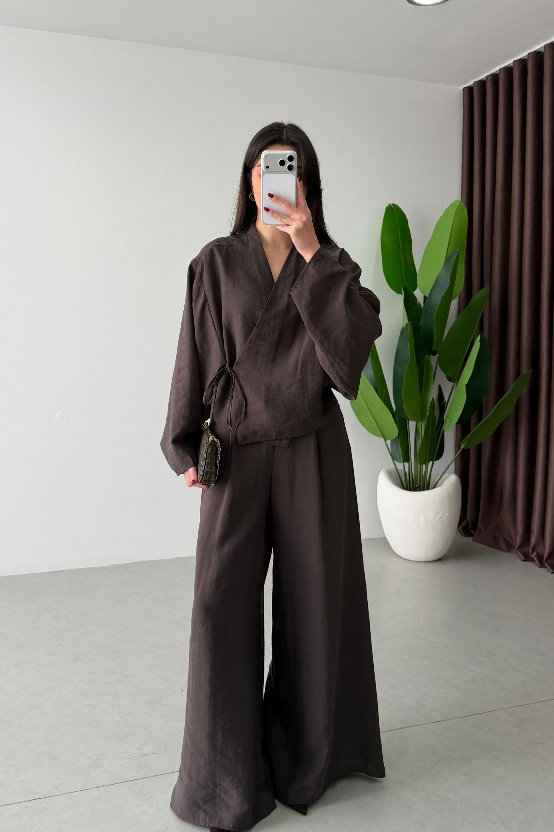 Limba Kahve Tensel Kimono Pantolon Takım