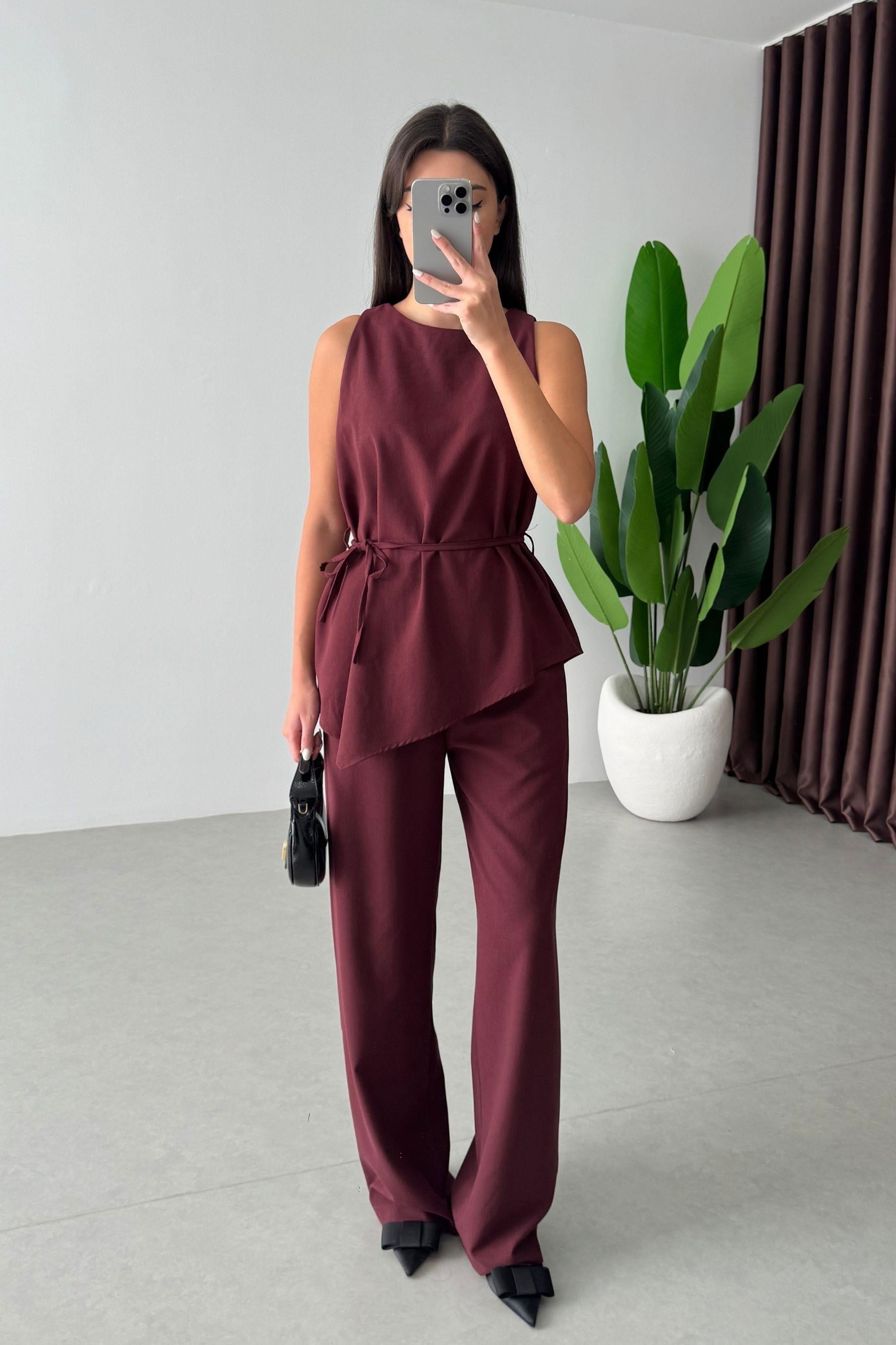 Linez Bordo Asimetrik Bluz Pantolon Takım