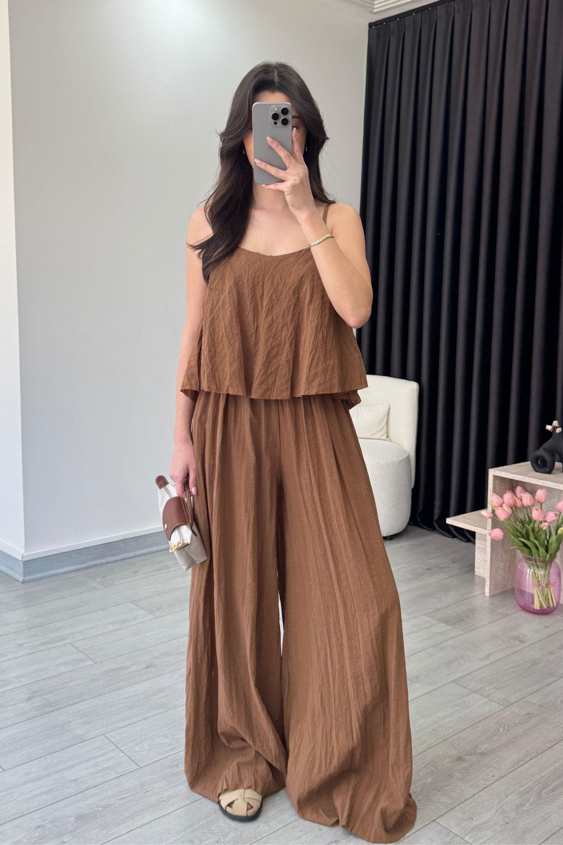 Lore Kahve Dokulu Bluz Pantolon Takım