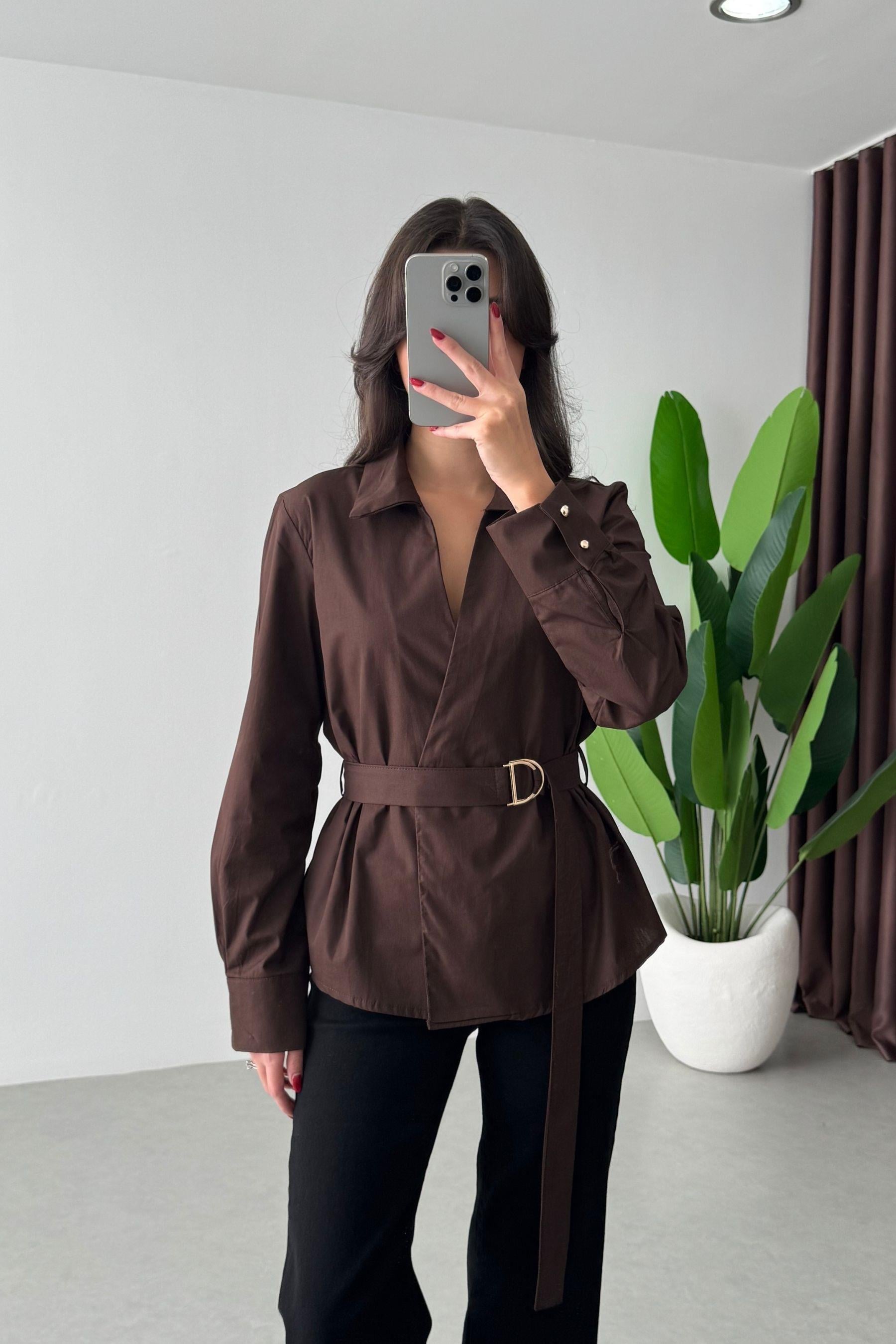 Lotus Kahve Tasarım Poplin Gömlek