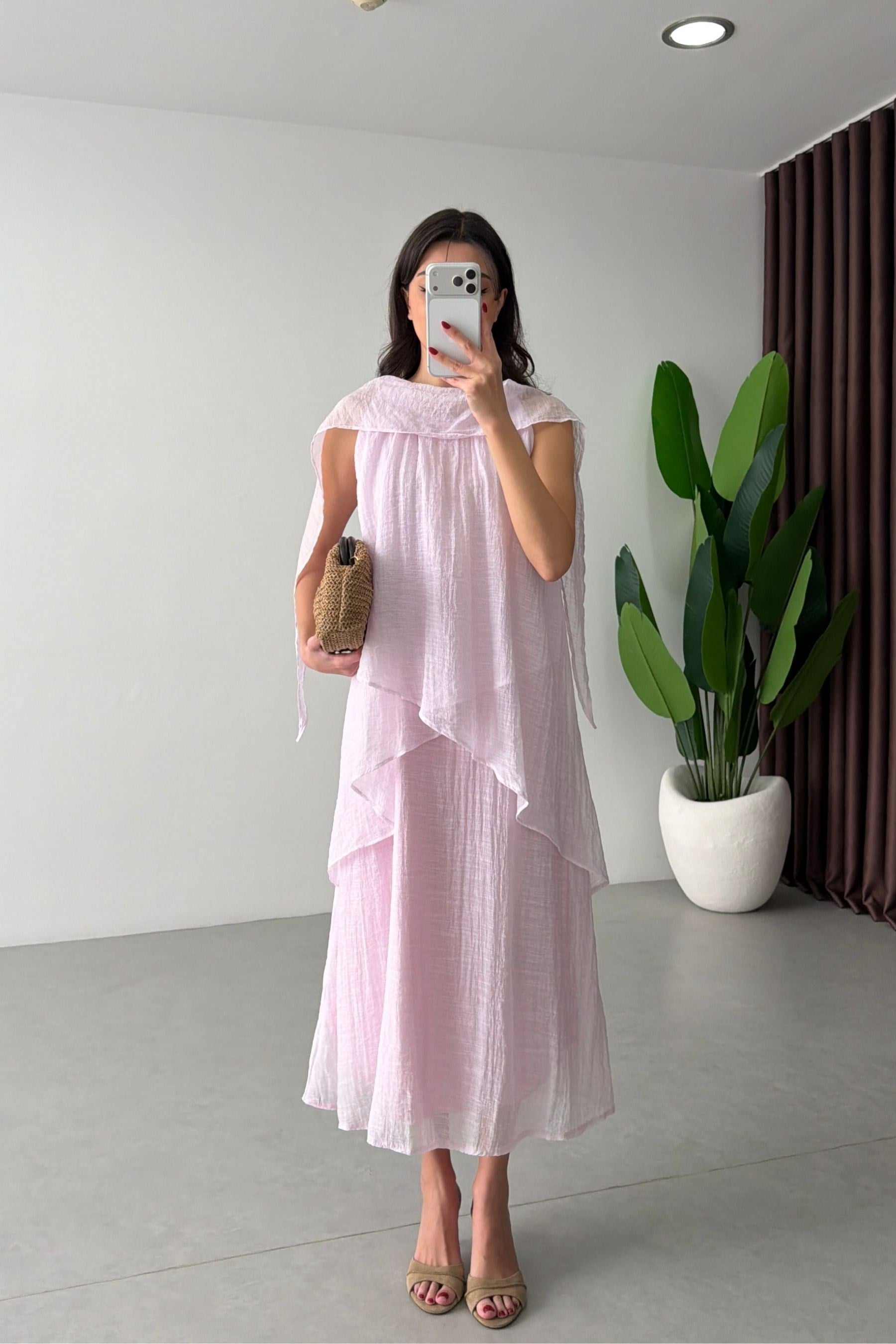 Luvis Pembe Volanlı Şal Yaka Midi Elbise