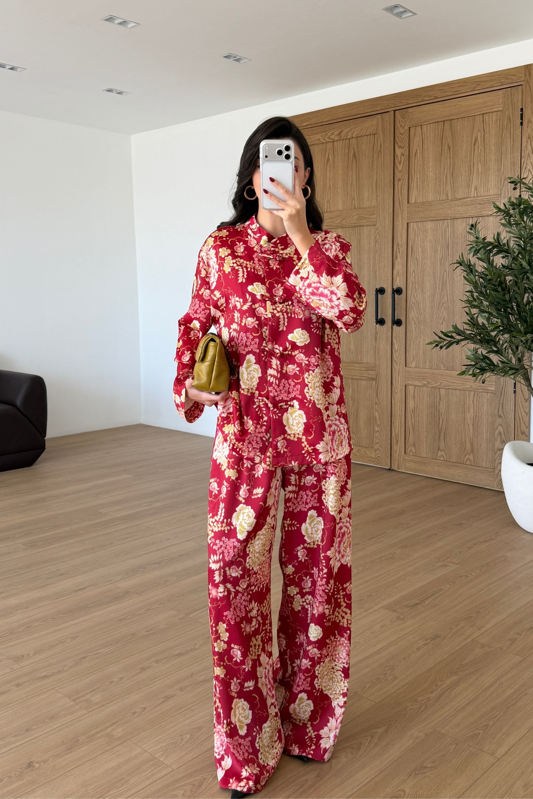 Monik Çiçek Desenli Saten Kimono Pantolon Takım