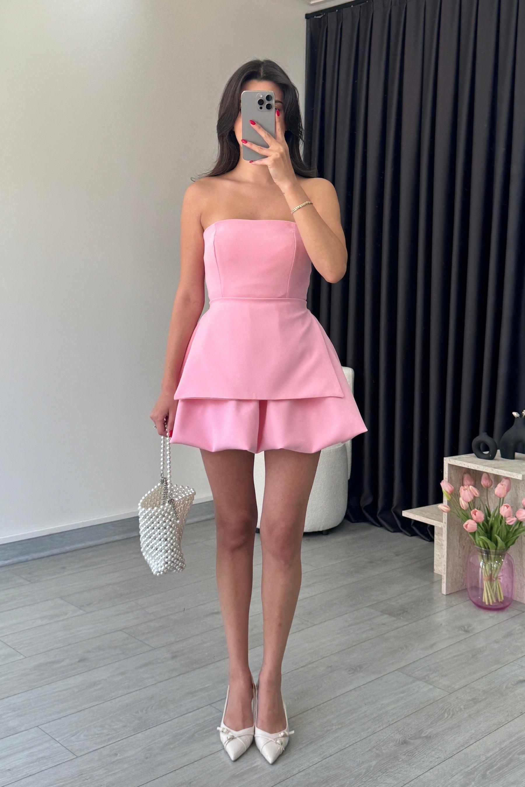 Myra Pembe Balon Kesim Straplez Elbise