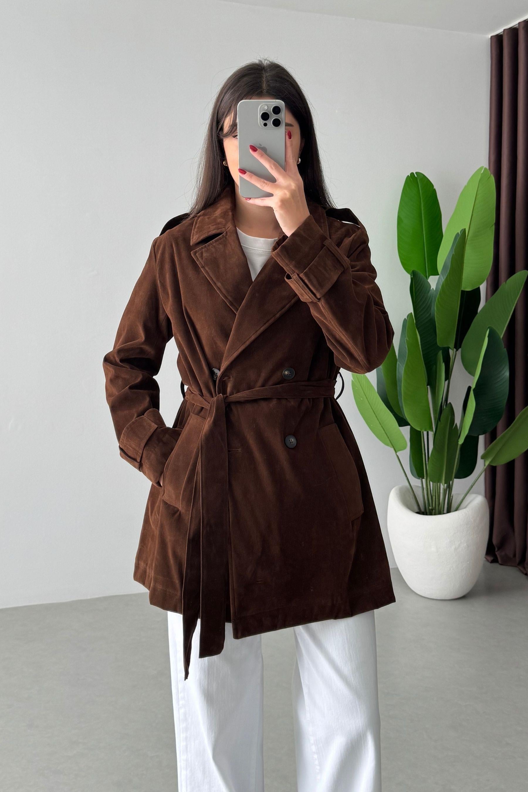 Nixi Kahve Premium Süet Kuşaklı Trençkot