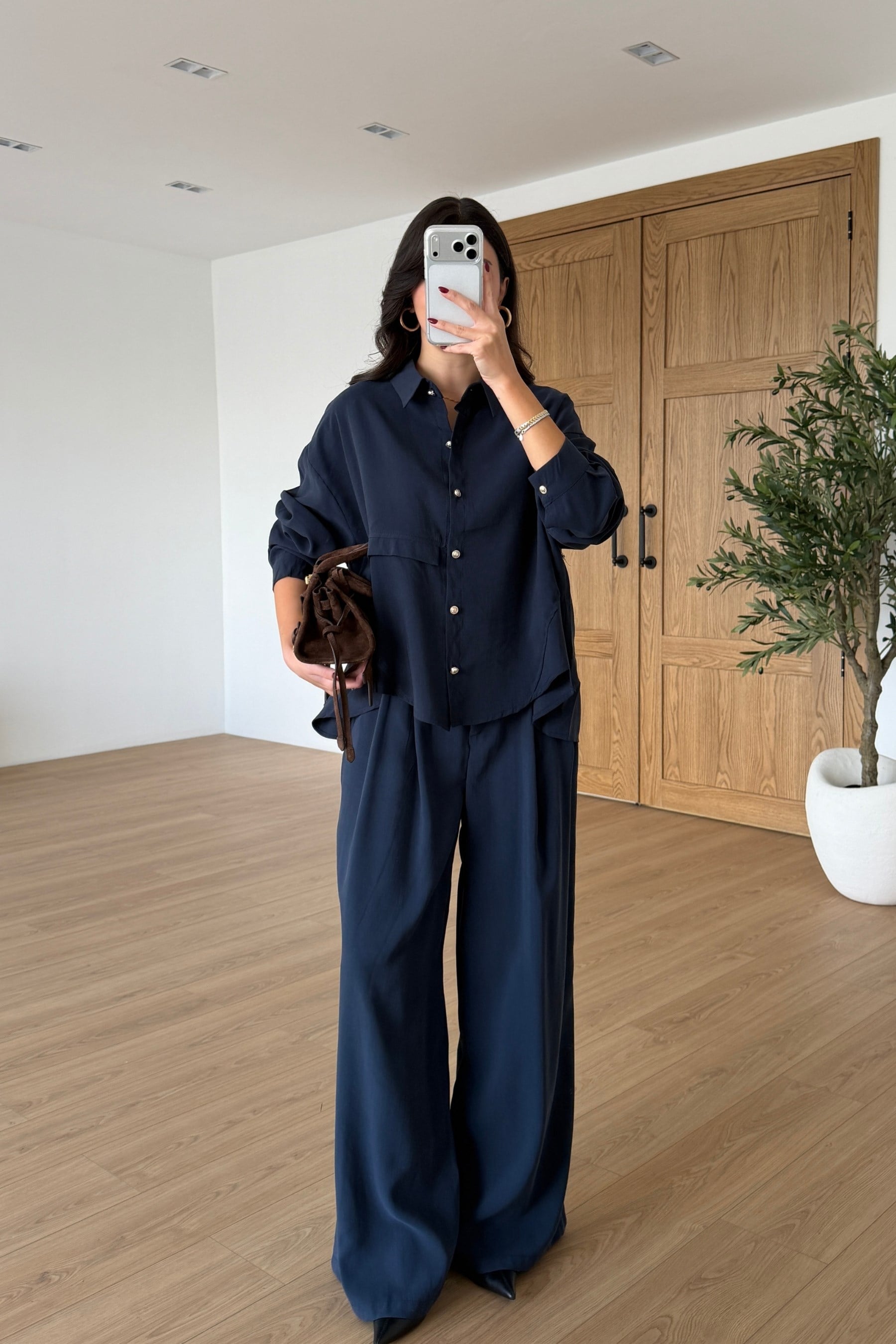 Nosta Lacivert Kemerli Modal Bluz Pantolon Takım
