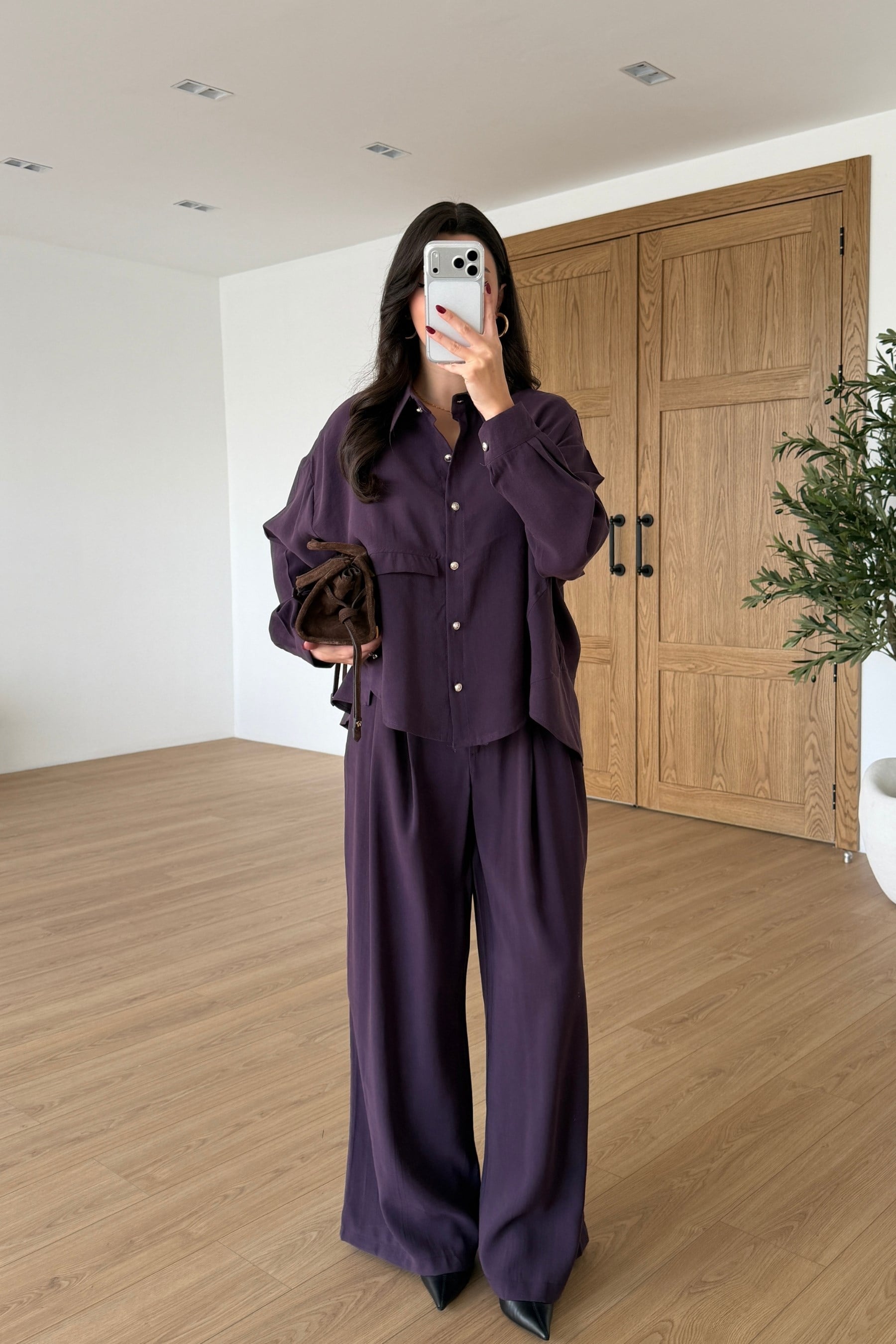 Nosta Mürdüm Kemerli Modal Bluz Pantolon Takım