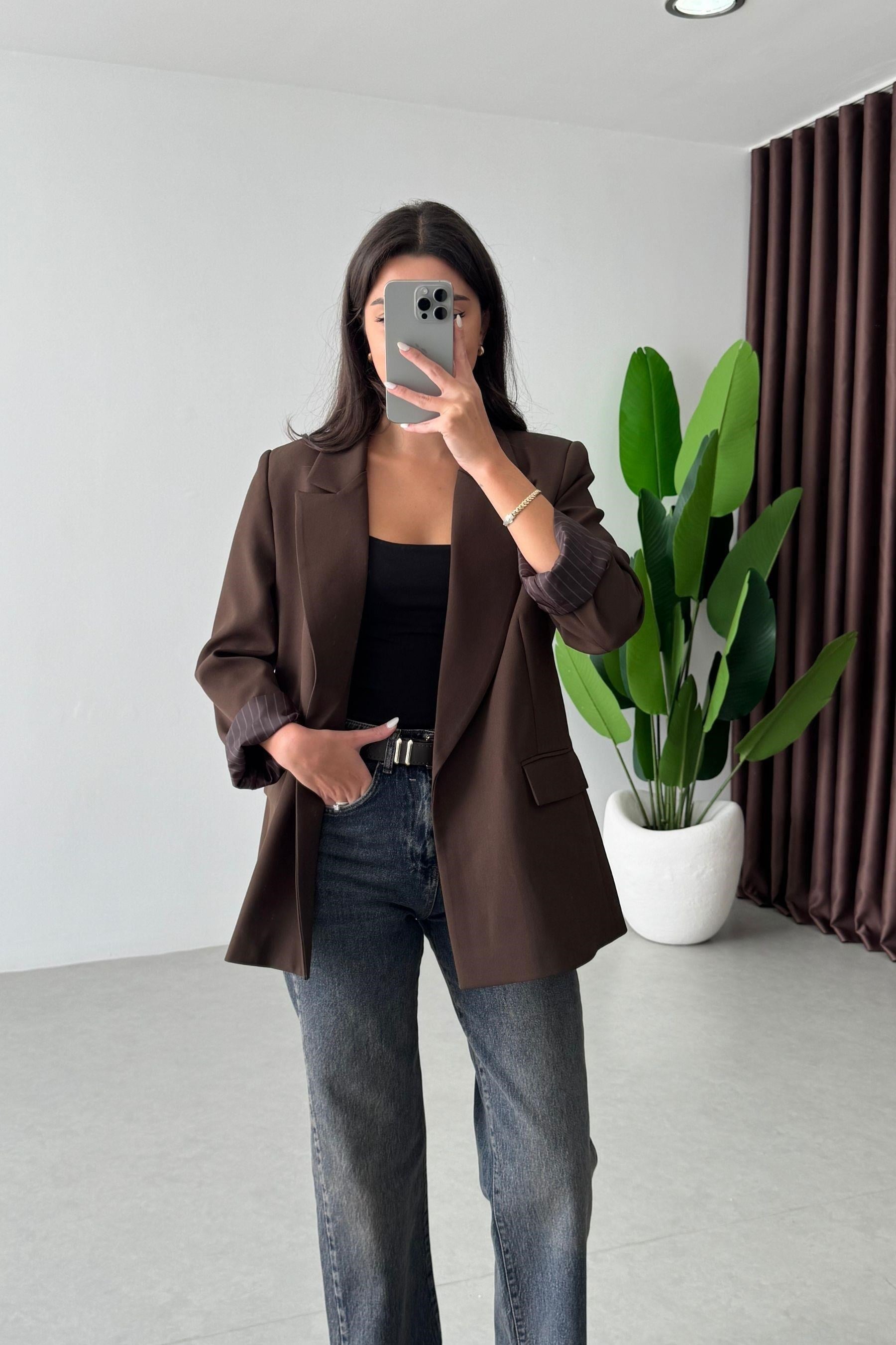 Nowan Kahve Çizgili Astar Detay Blazer