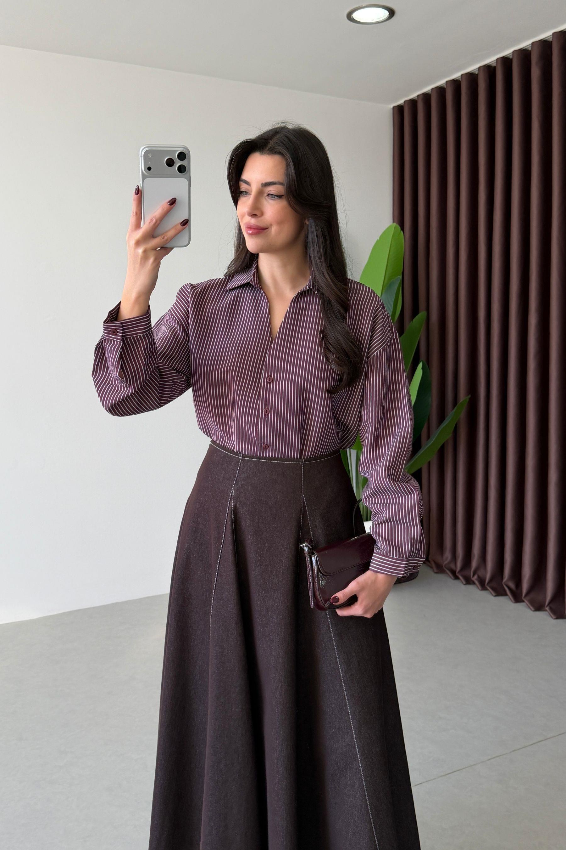 Octa Mürdüm Çizgili Oversize Gömlek