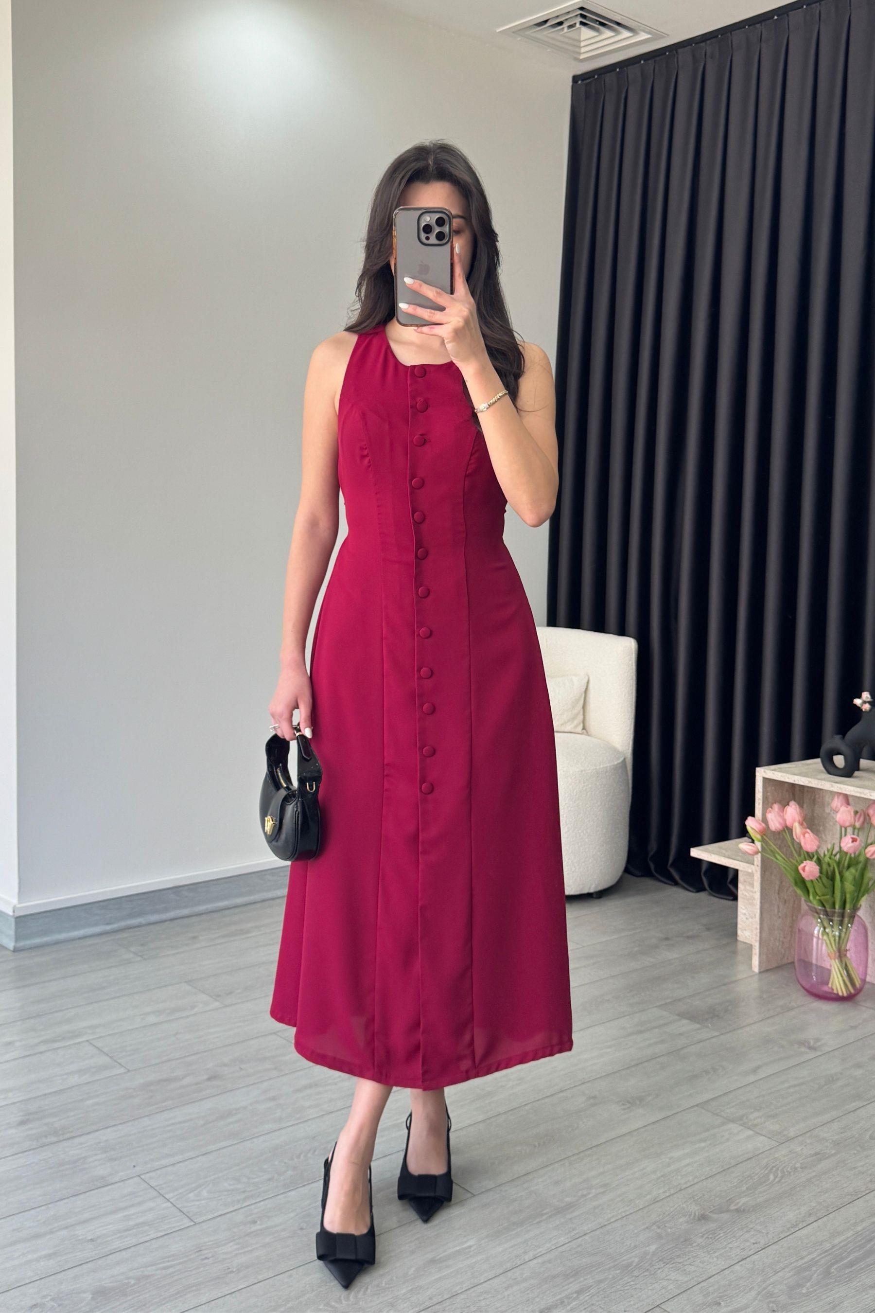 Olivia Düğme Detay Bordo Saten Elbise