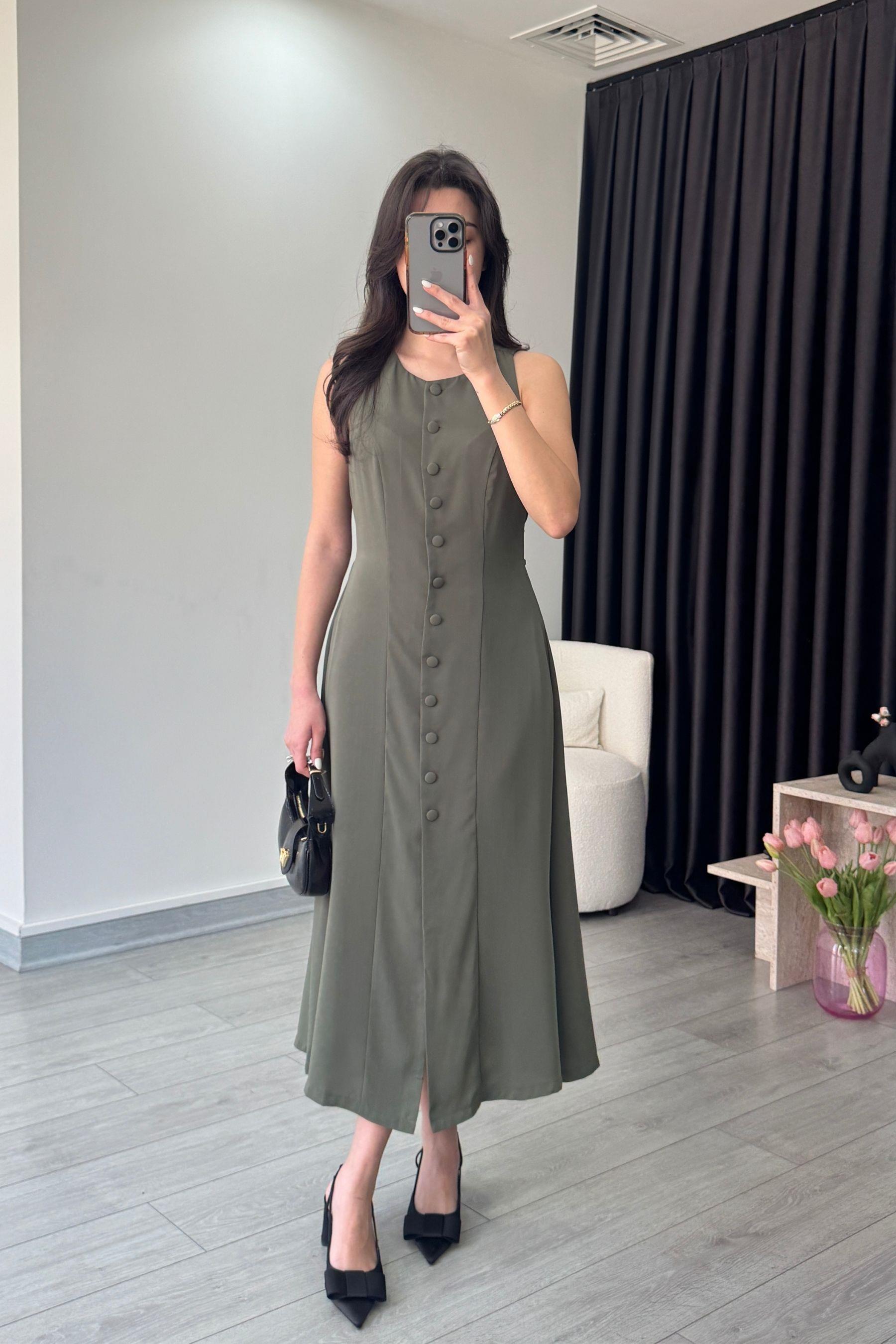 Olivia Düğme Detay Haki Saten Elbise