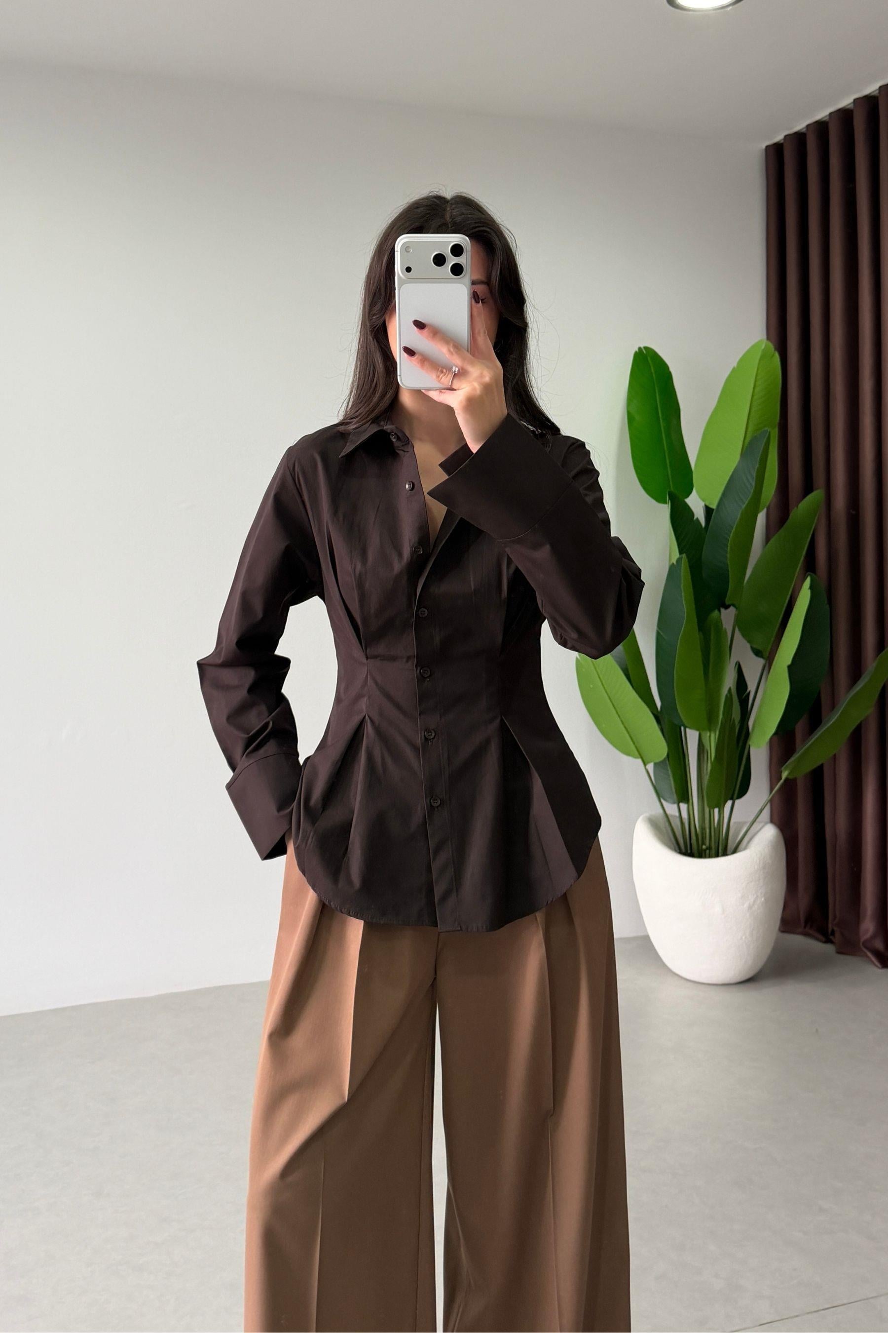 Penny Kahve Belden Oturtmalı Poplin Gömlek