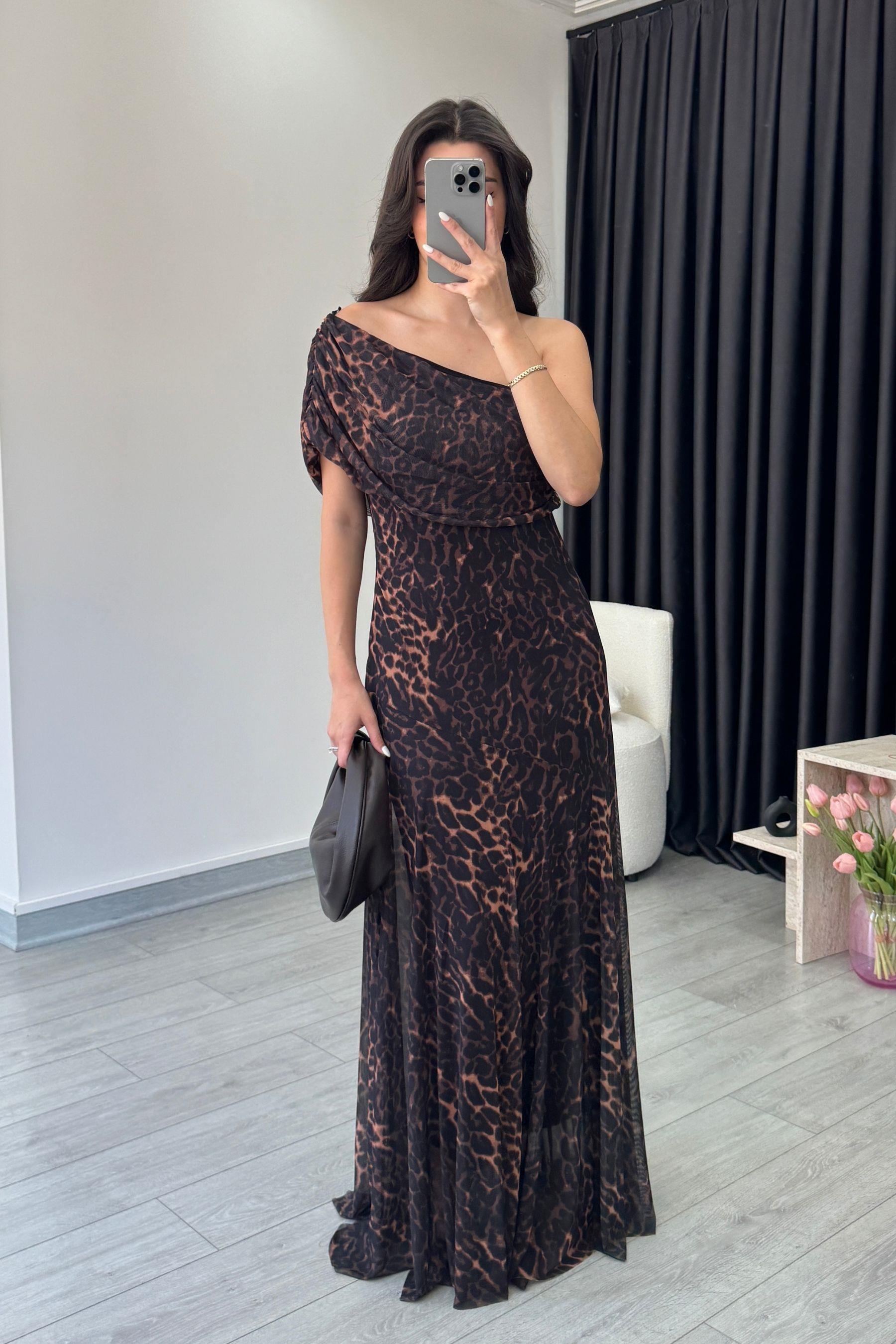 Pona Leopar Desen Tül Elbise