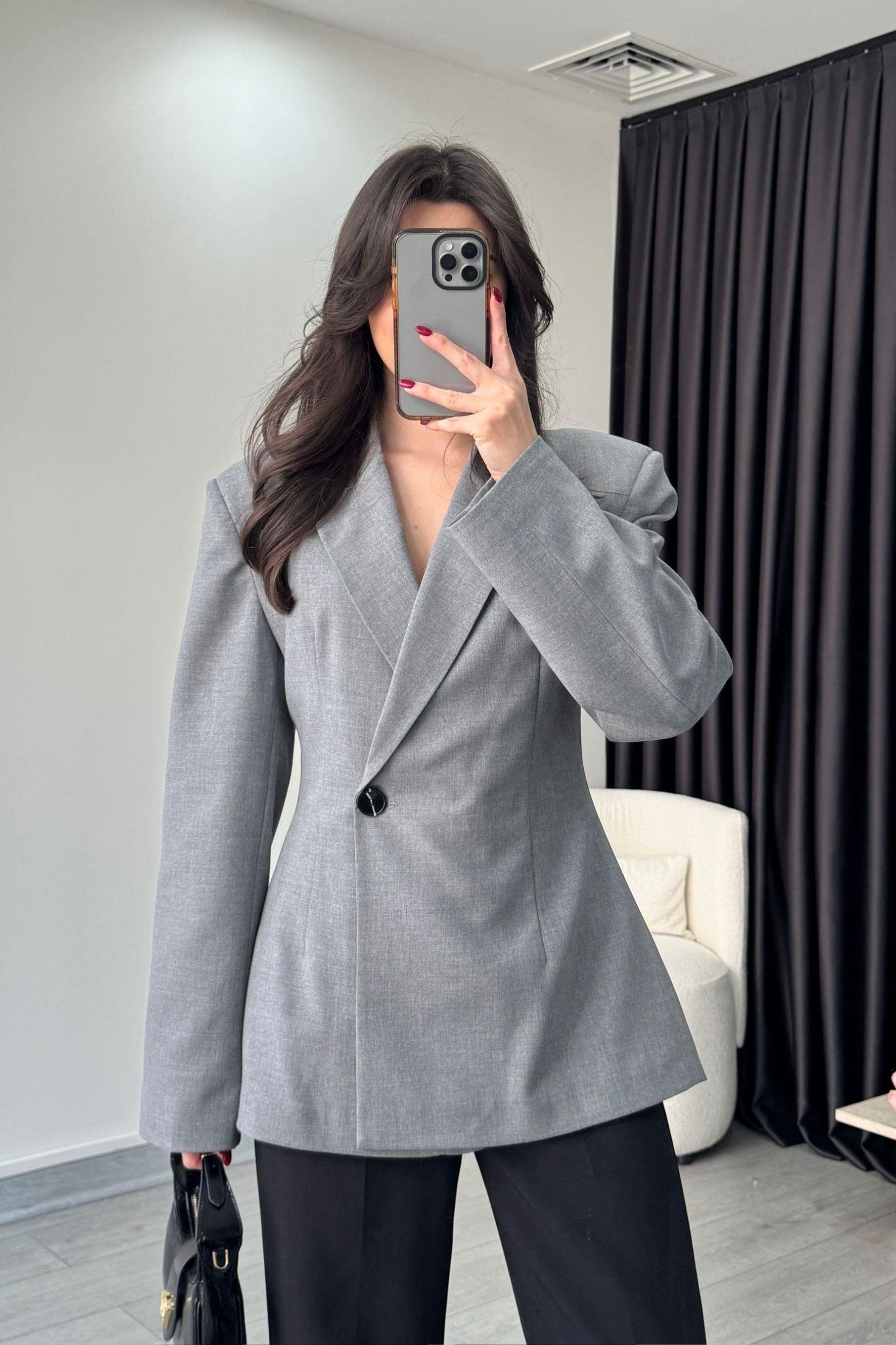Premium Antrasit Kruvaze Blazer Ceket
