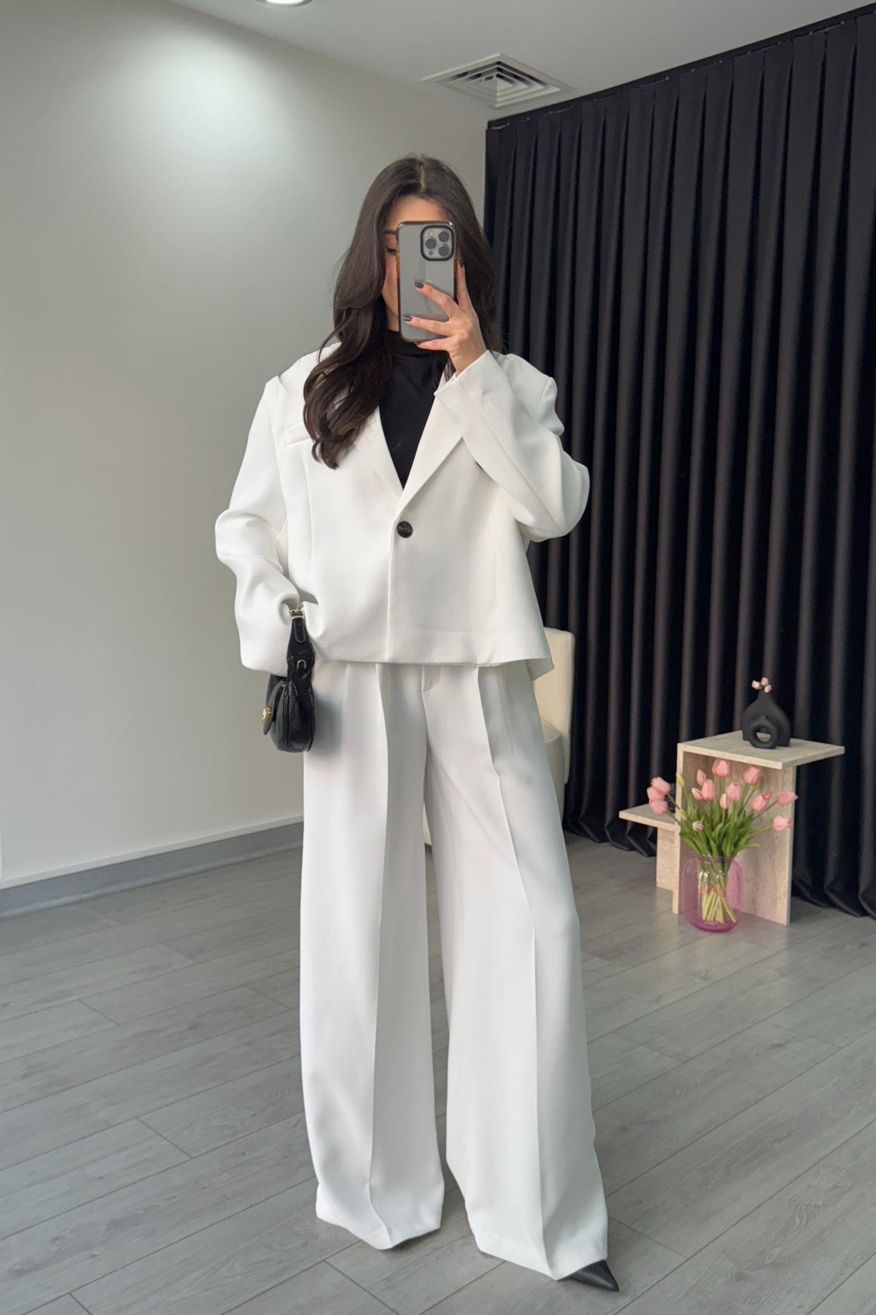 Premium Krep Kumaş Beyaz Blazer Pantolon Takım