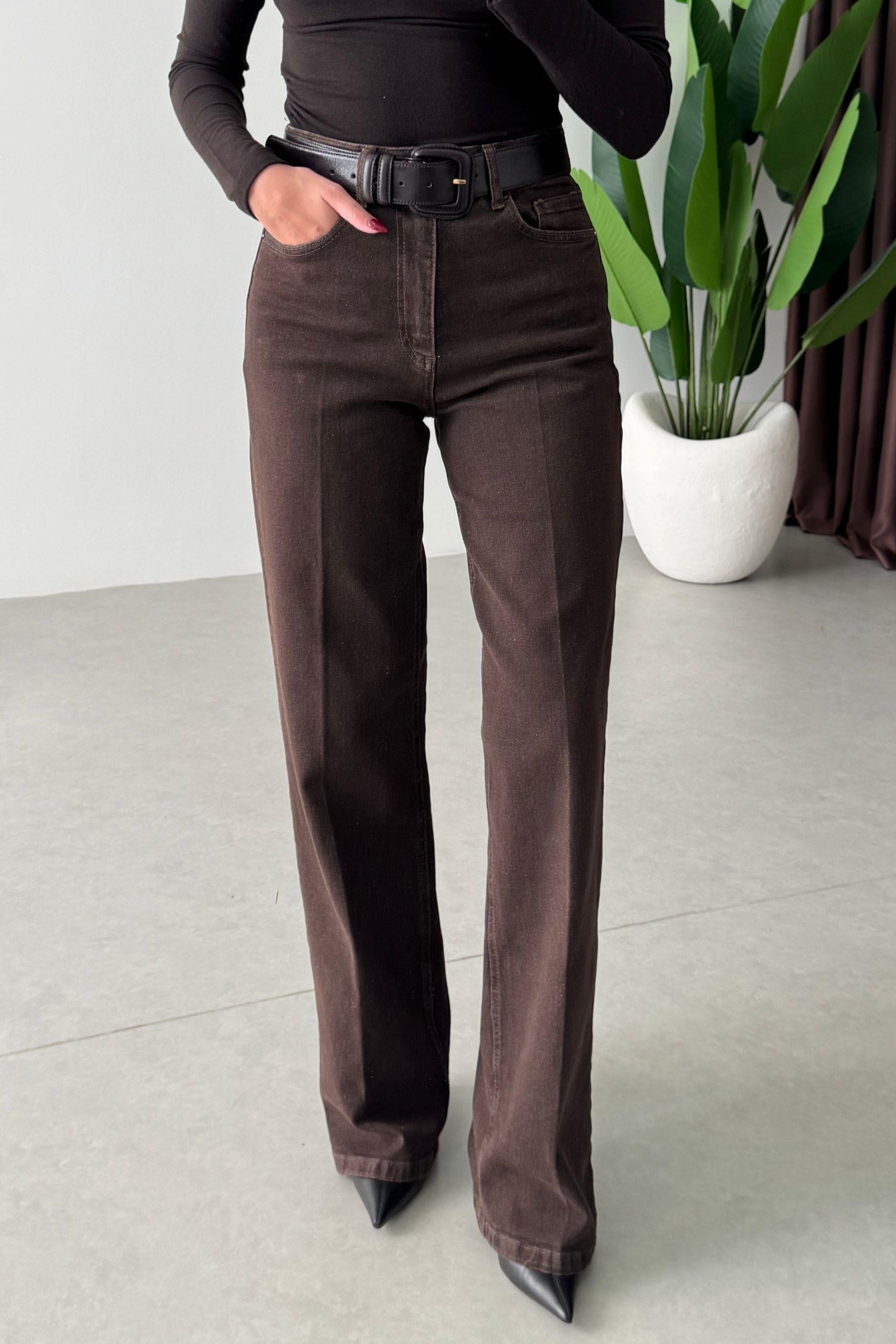 Rasia Kahve Eskitmeli Wide Leg Jean