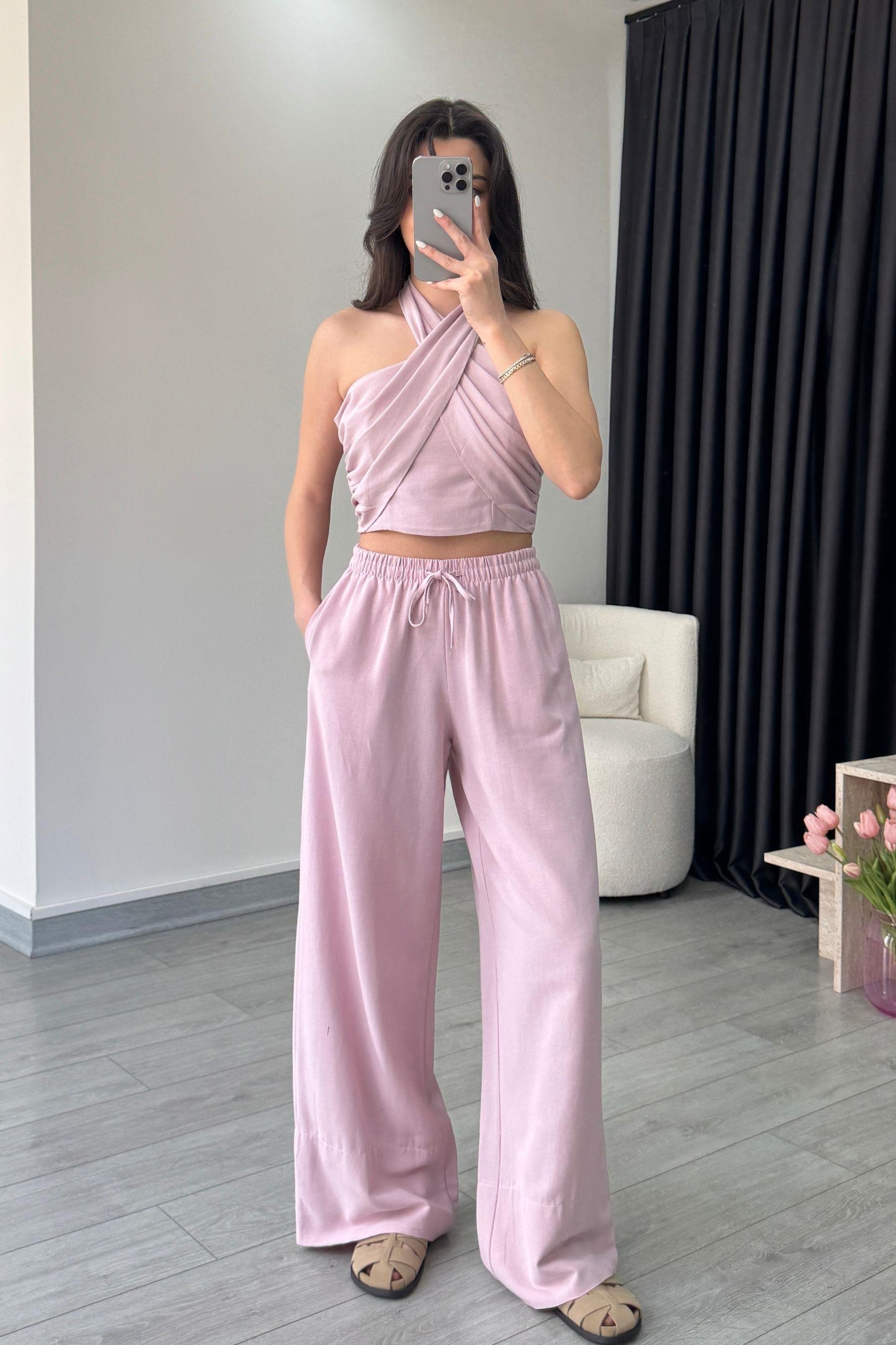 Reina Pembe Boyundan Bağlamalı Keten Takım