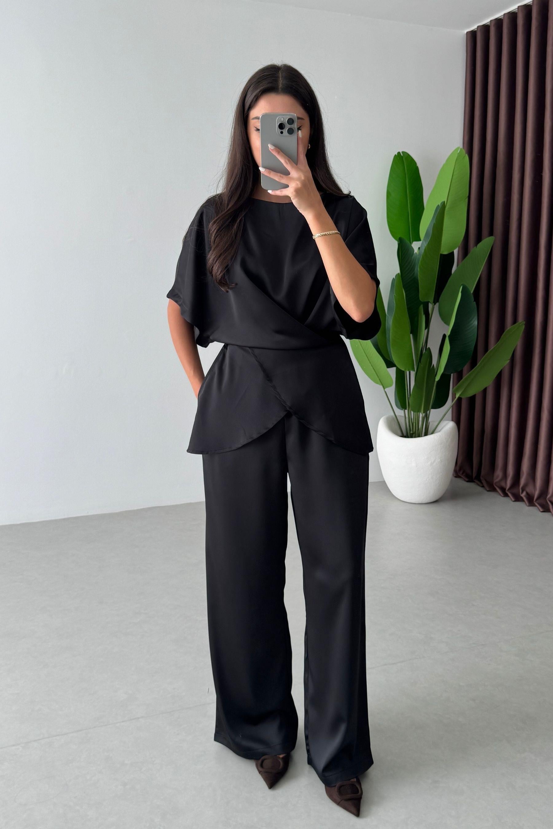 Ribbon Siyah Saten Bluz Pantolon Takım