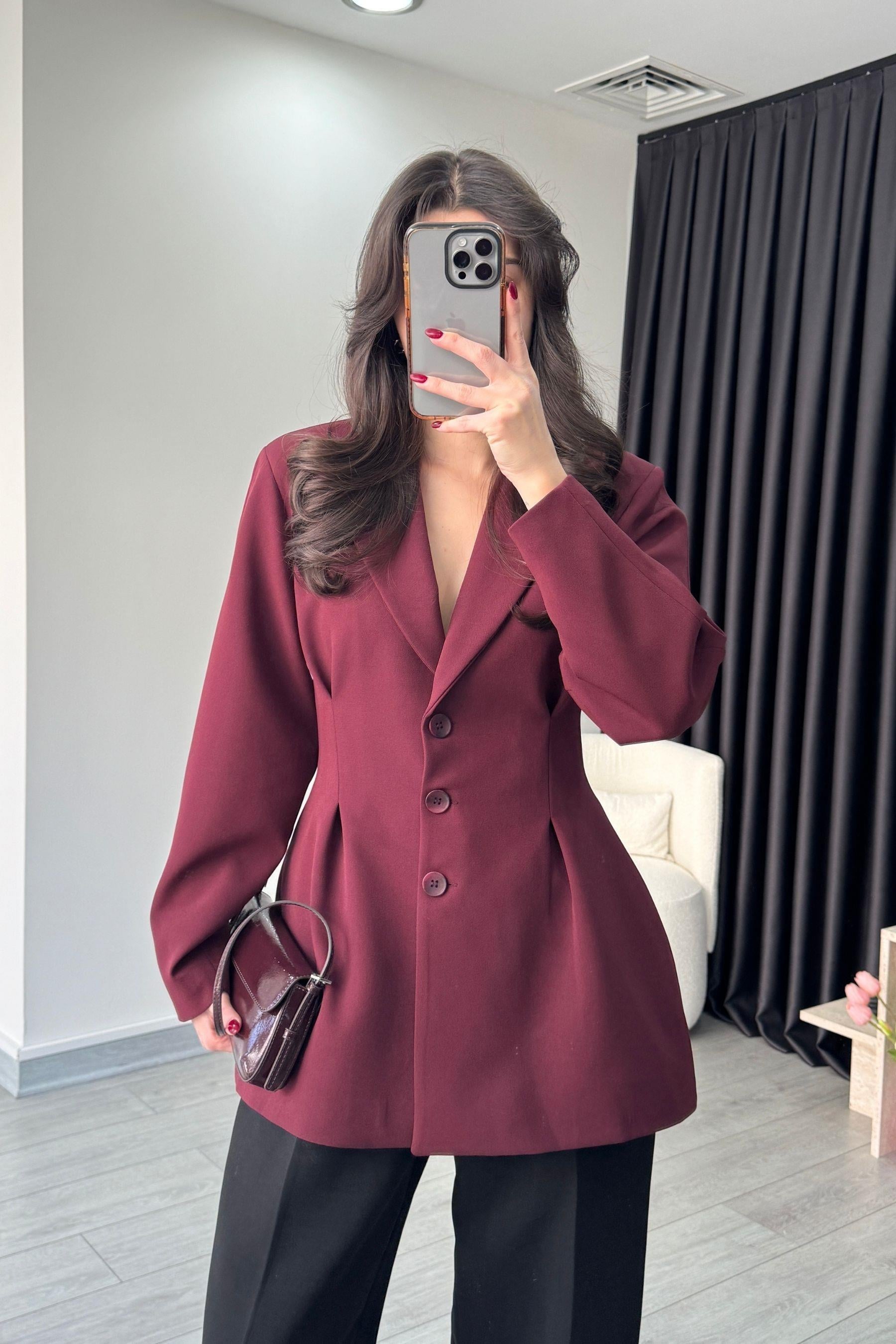 Rina Piliseli Belden Oturtmalı Bordo Ceket
