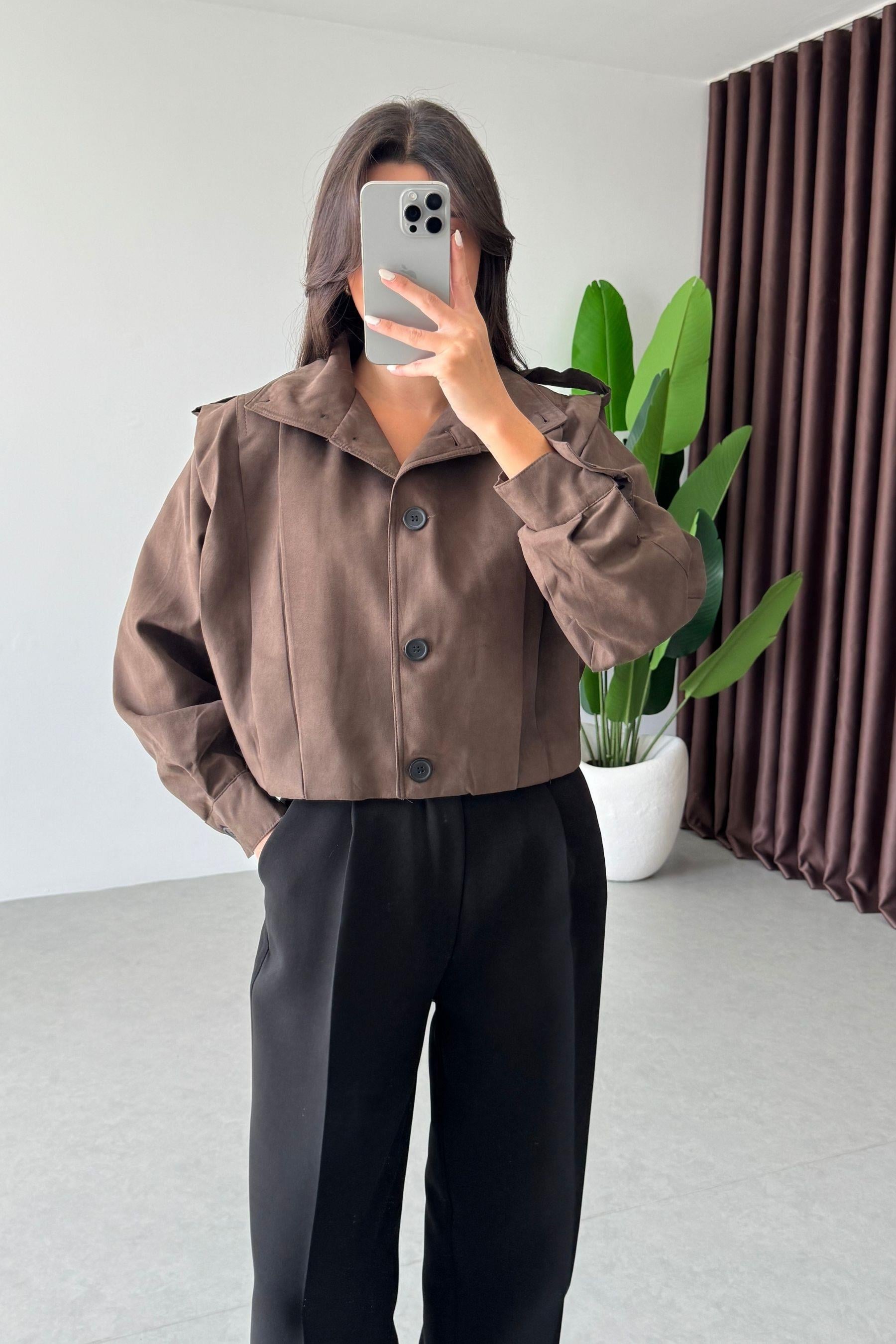 Robbie Kahve Nubuk Crop Ceket
